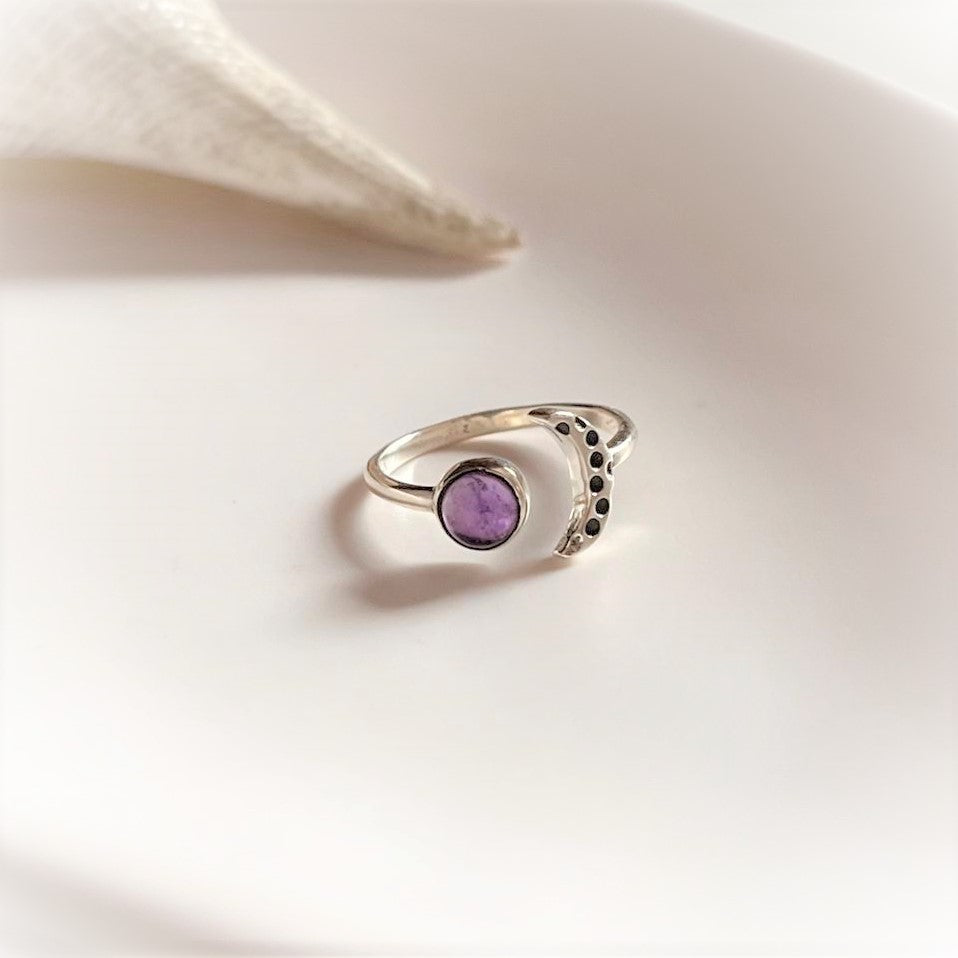Sterling Silver Amethyst Crescent Moon Ring for Empowerment 