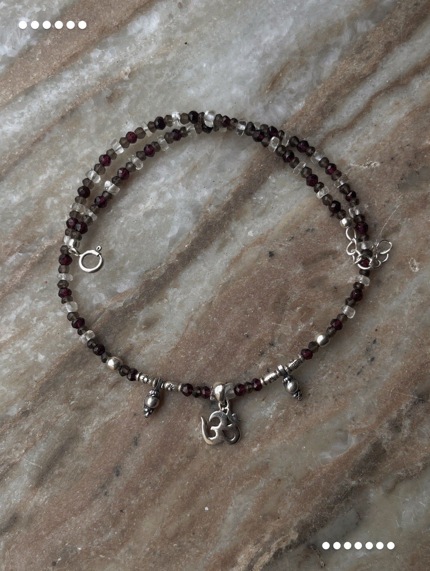 Bohemian OM AUM Tribal Choker with Garnet, Clear Quartz and Smokey Quartz  
