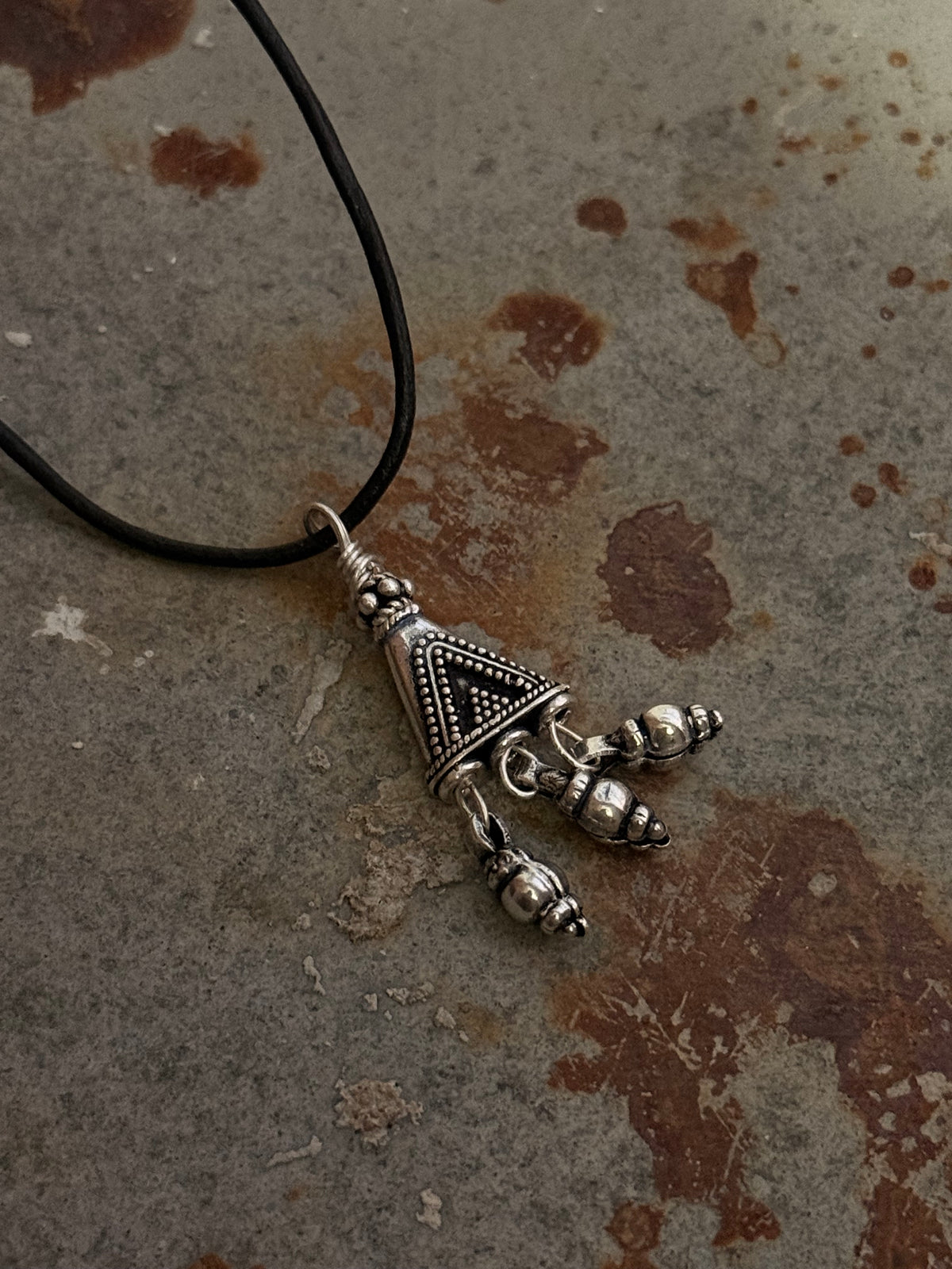 925 Sterling Silver Black Leather Cord Mandali Teekona Ghungroo Tribal Necklace