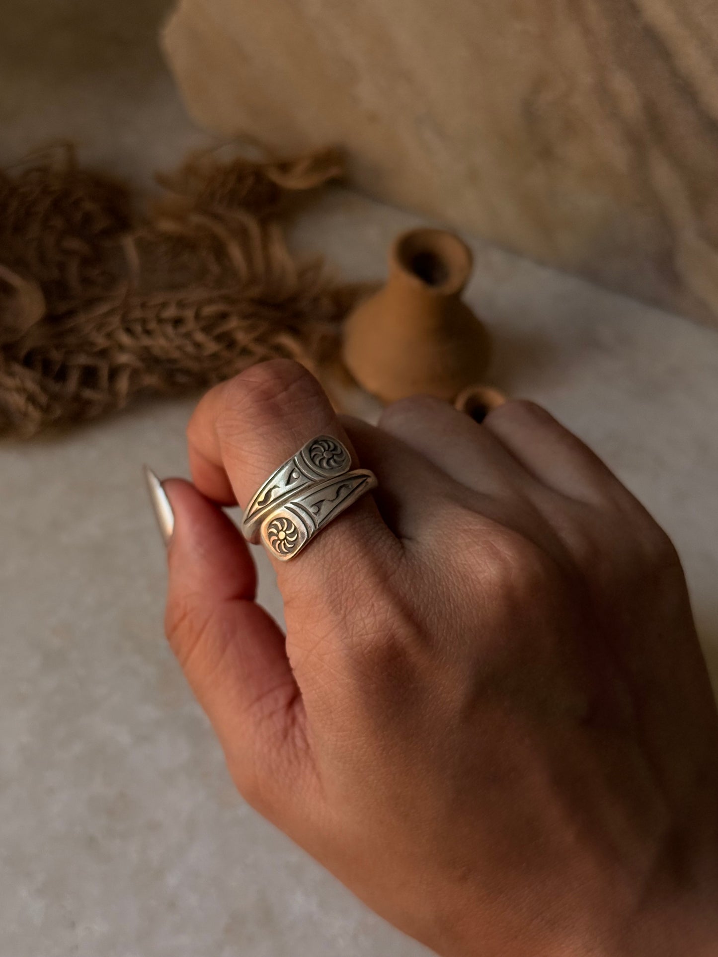 925 Sterling Silver Bohemian Hill Tribe Sun Engraved Handcrafted Adjustable Ring