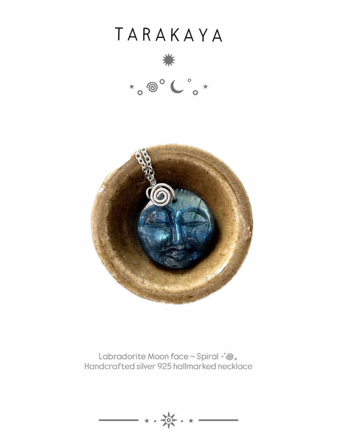 925 Sterling Silver Labradorite Full Moon Face Carved Spiral Handcrafted Necklace