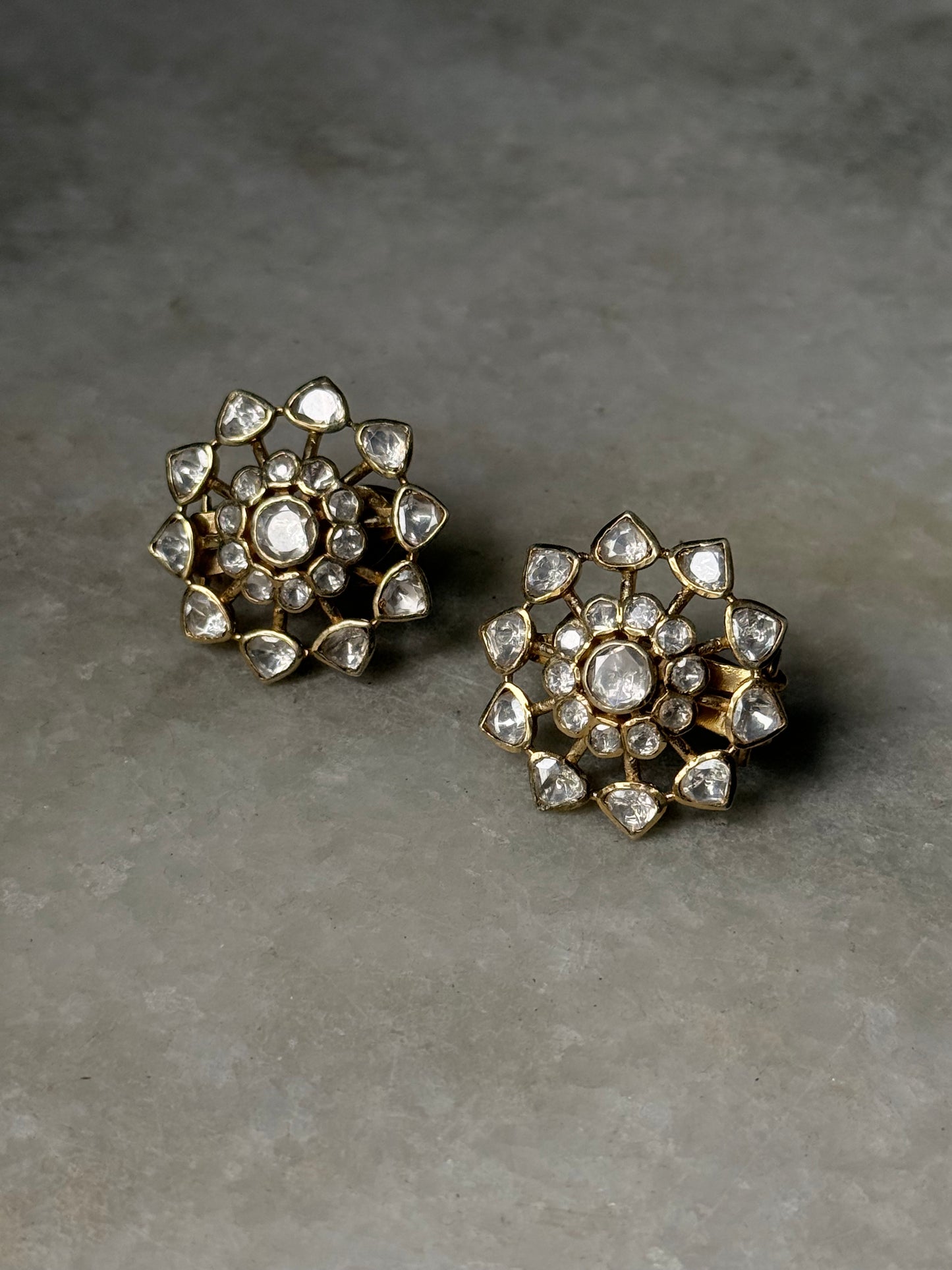 925 Sterling Silver Gold Plated Antique Moissanite Polki Earrings in floral design.