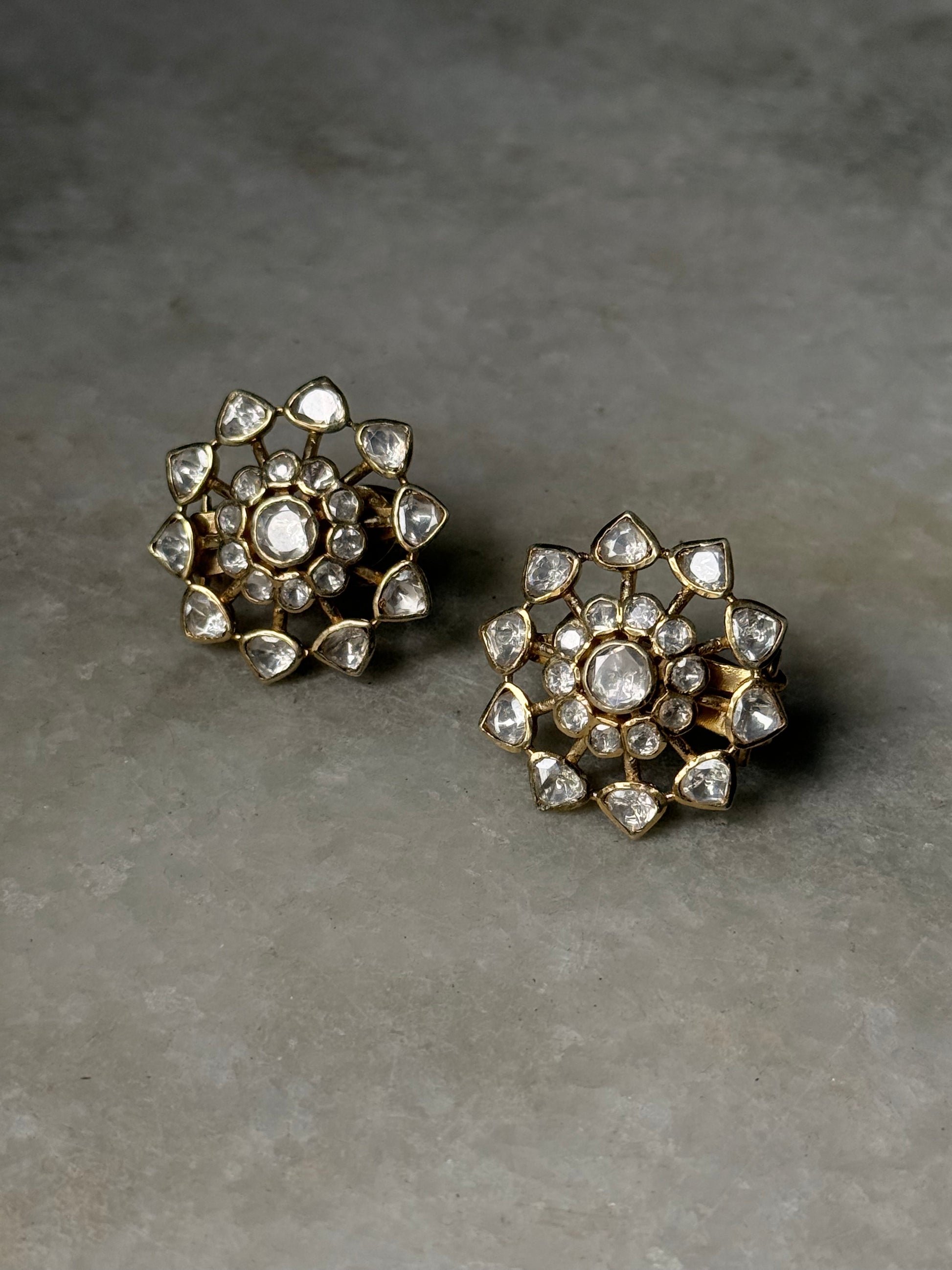 925 Sterling Silver Gold Plated Antique Moissanite Polki Earrings in floral design.