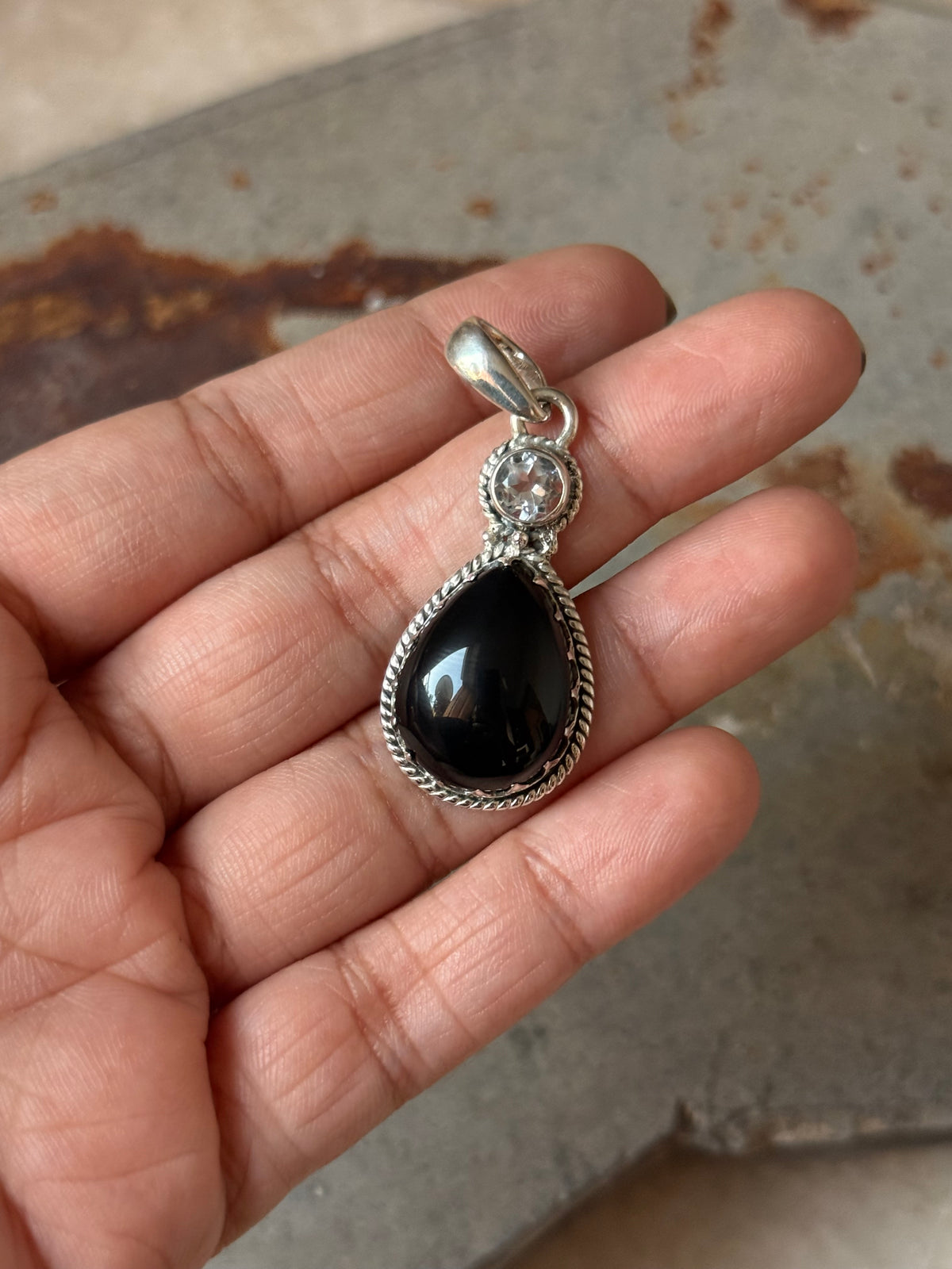 925 Sterling Silver Black Onyx Pear White Topaz Round Handcrafted One of a Kind Pendant
