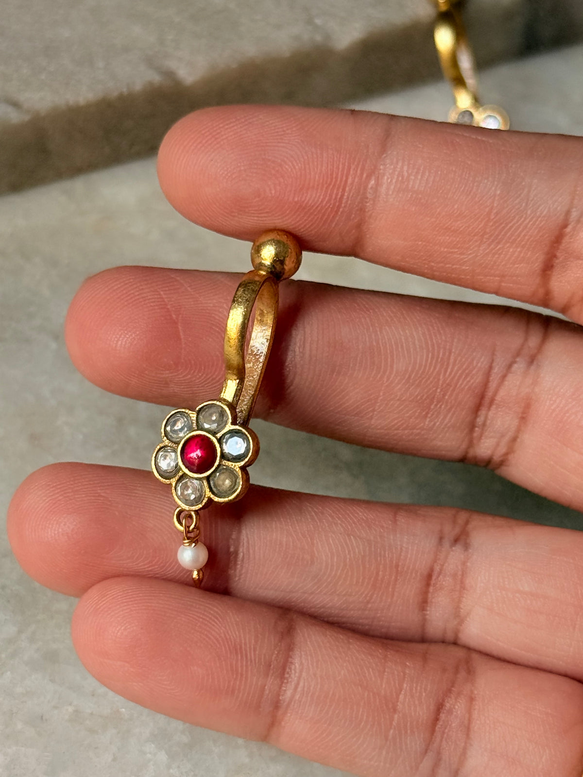 925 Sterling Silver Gold Plated Pink White Stone Kundan Polki & Fresh Water Pearls Charm Bugadi Ear Cuff