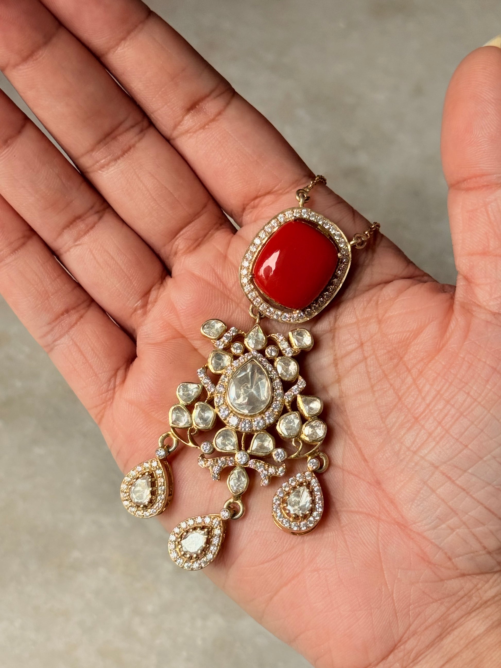 Vintage Inspired 925 Sterling Silver Gold Plated Coral Moissanite Polki Necklace