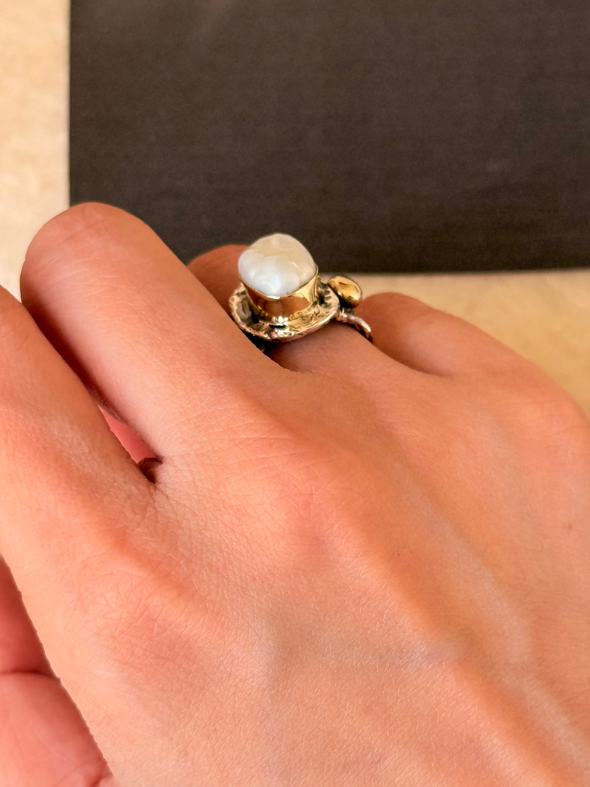 925 Sterling Silver Baroque Pearl Rustic Fusion Handcrafted Ring