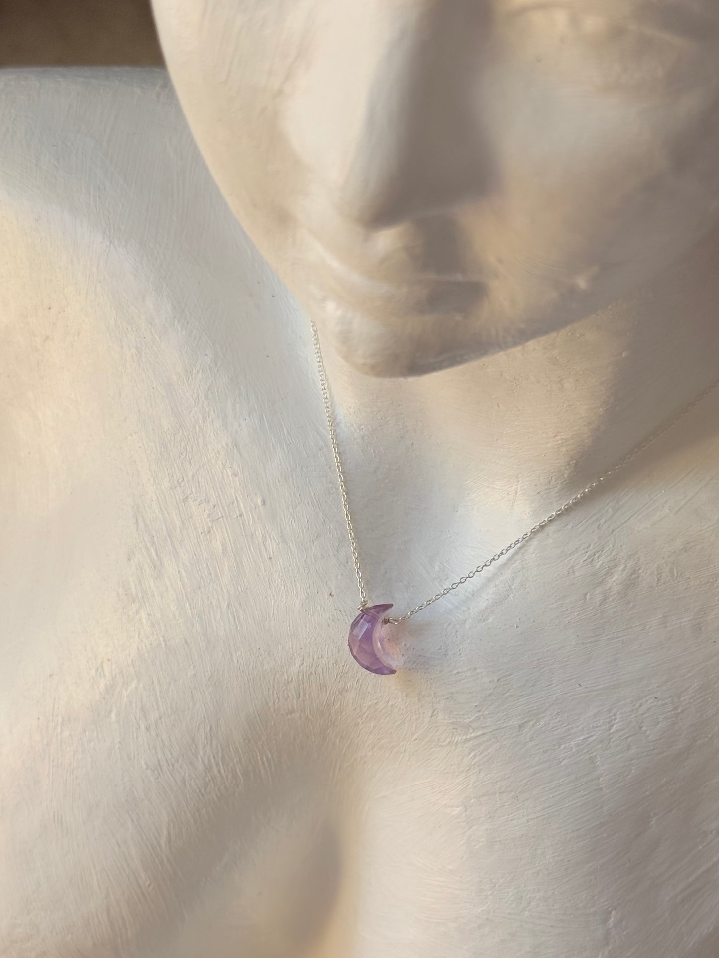 925 Sterling Silver Amethyst Moon Crescent Carved Handcrafted Necklace