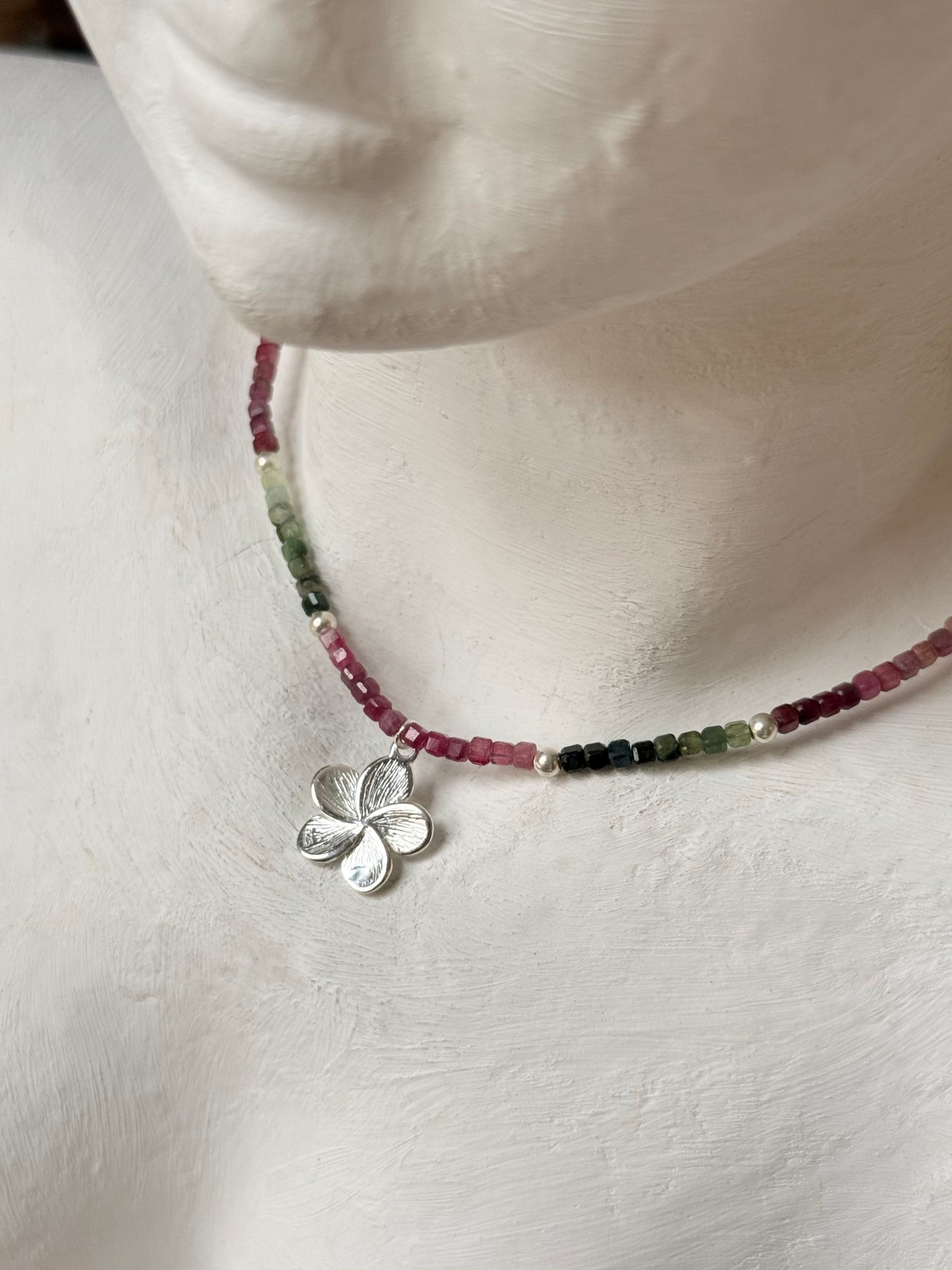 Multi Tourmaline Box Faceted With Plumeria Charm & Silver Balls 925 Sterling Silver Necklace