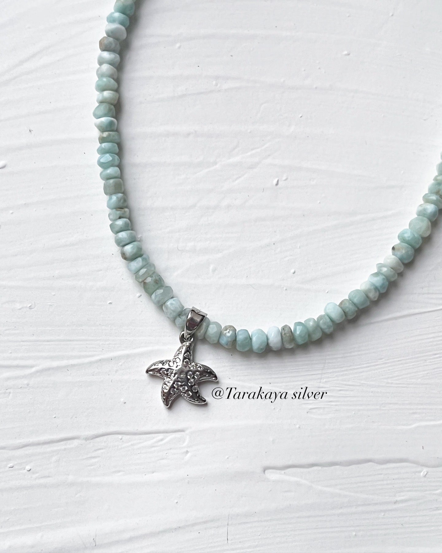 Natural Larimar Crystal 4-5MM Star Fish 925 Sterling Silver Necklace