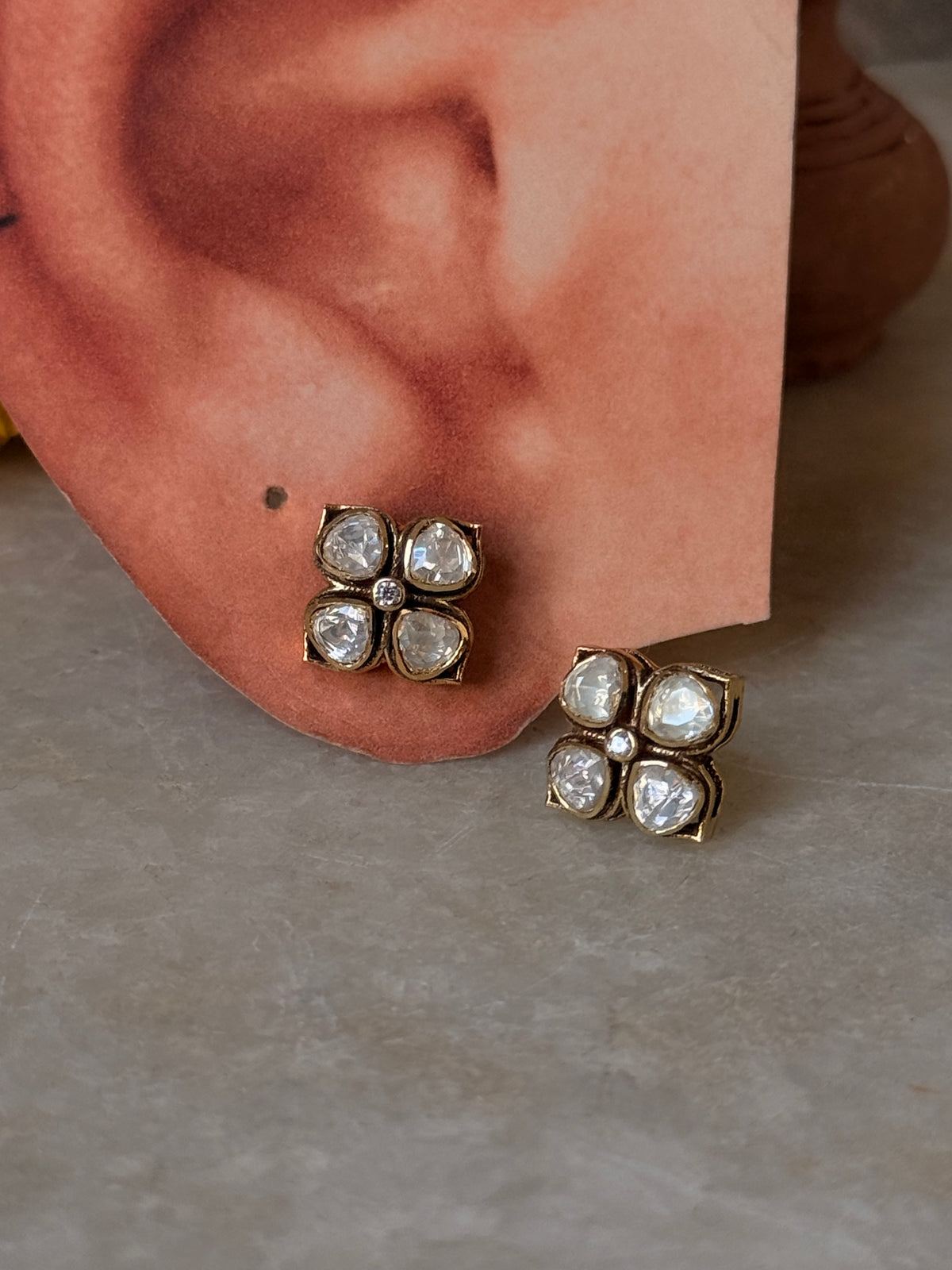 925 Sterling Silver Gold Plated Moissanite Polki Studs Earrings