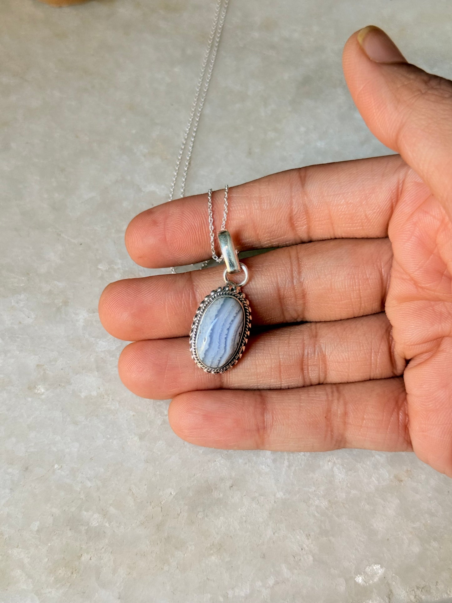 925 Sterling Silver Blue Lace Agate Handcrafted Oval Rawa Pendant