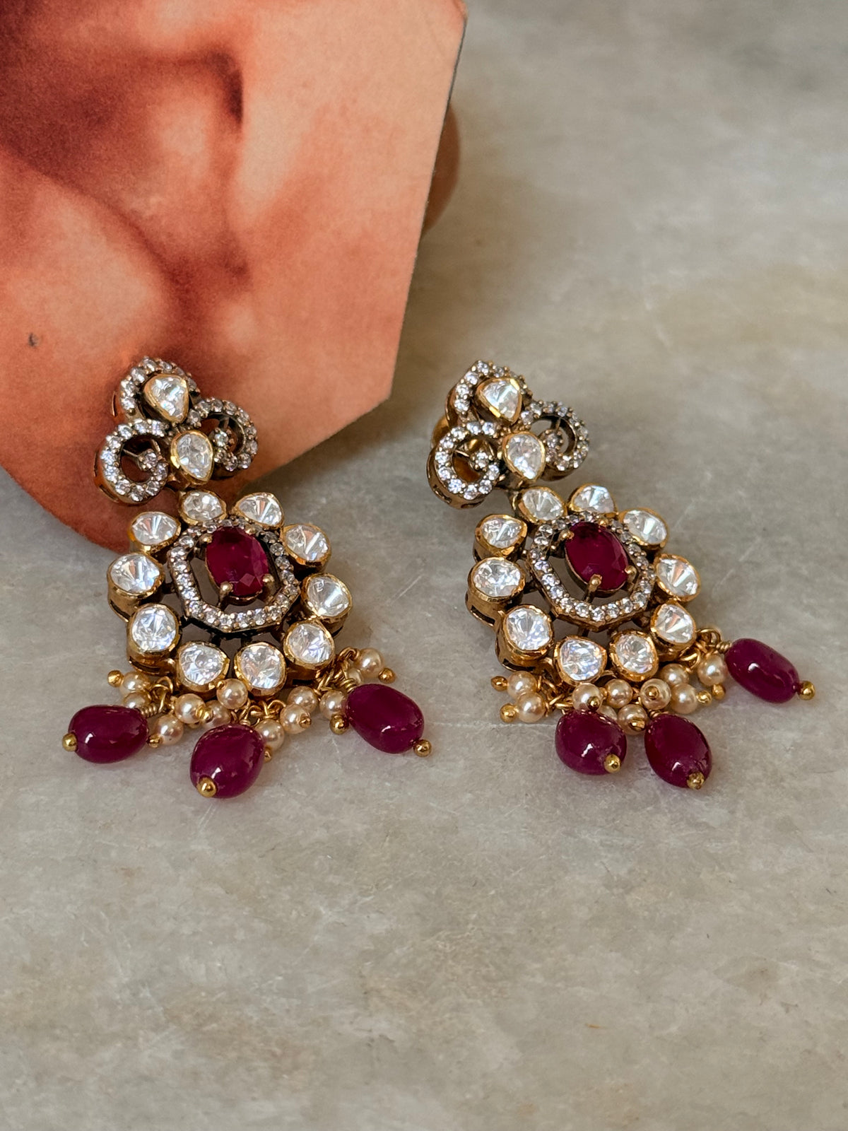 925 Sterling Silver Moissanite Polki,Dyed Ruby ,Cz & Fresh Water Pearls Gold Plated Statement Earrings