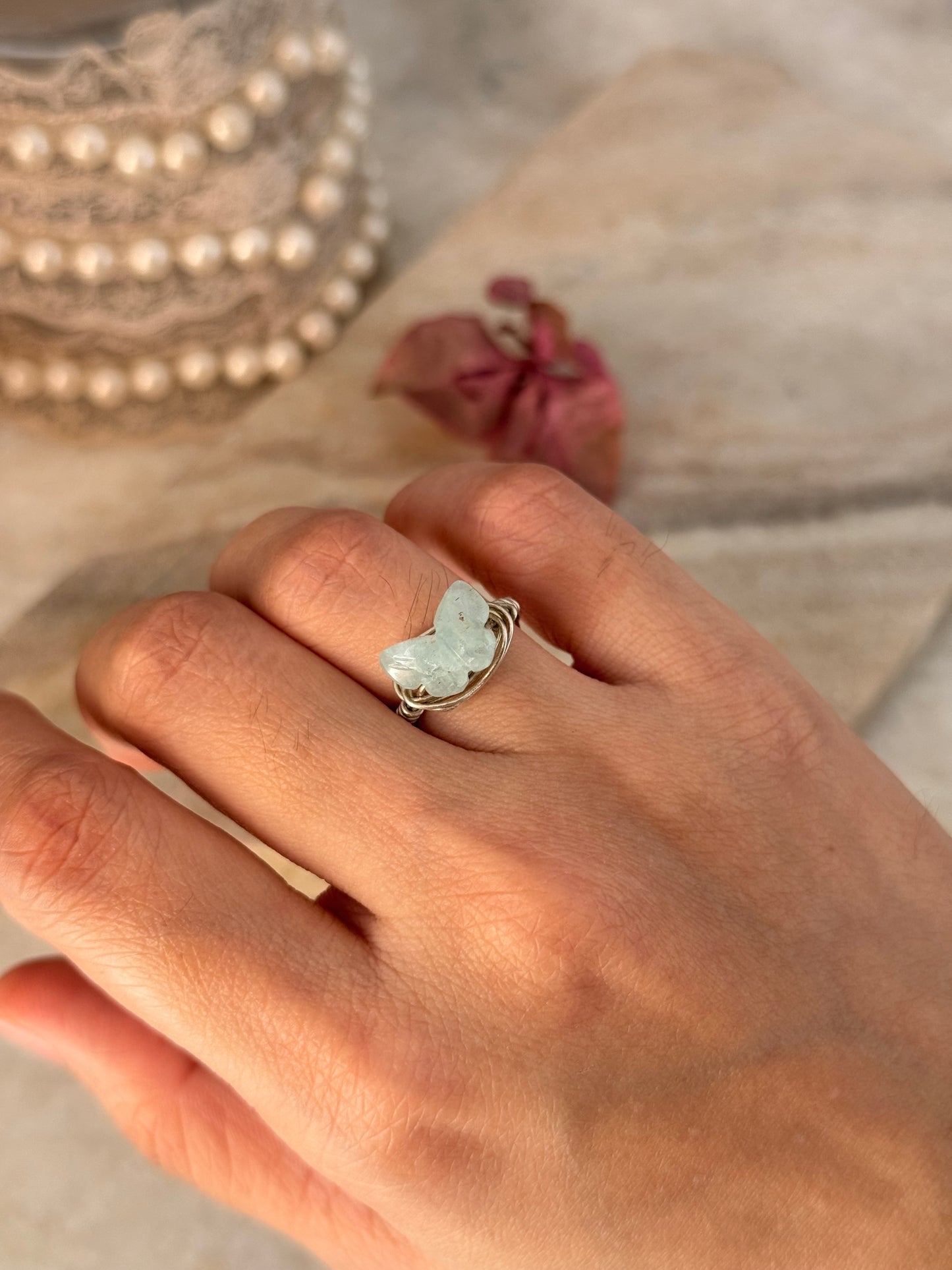 925 Sterling Silver Aquamarine Butterfly Wire Wrapped Handcrafted Ring