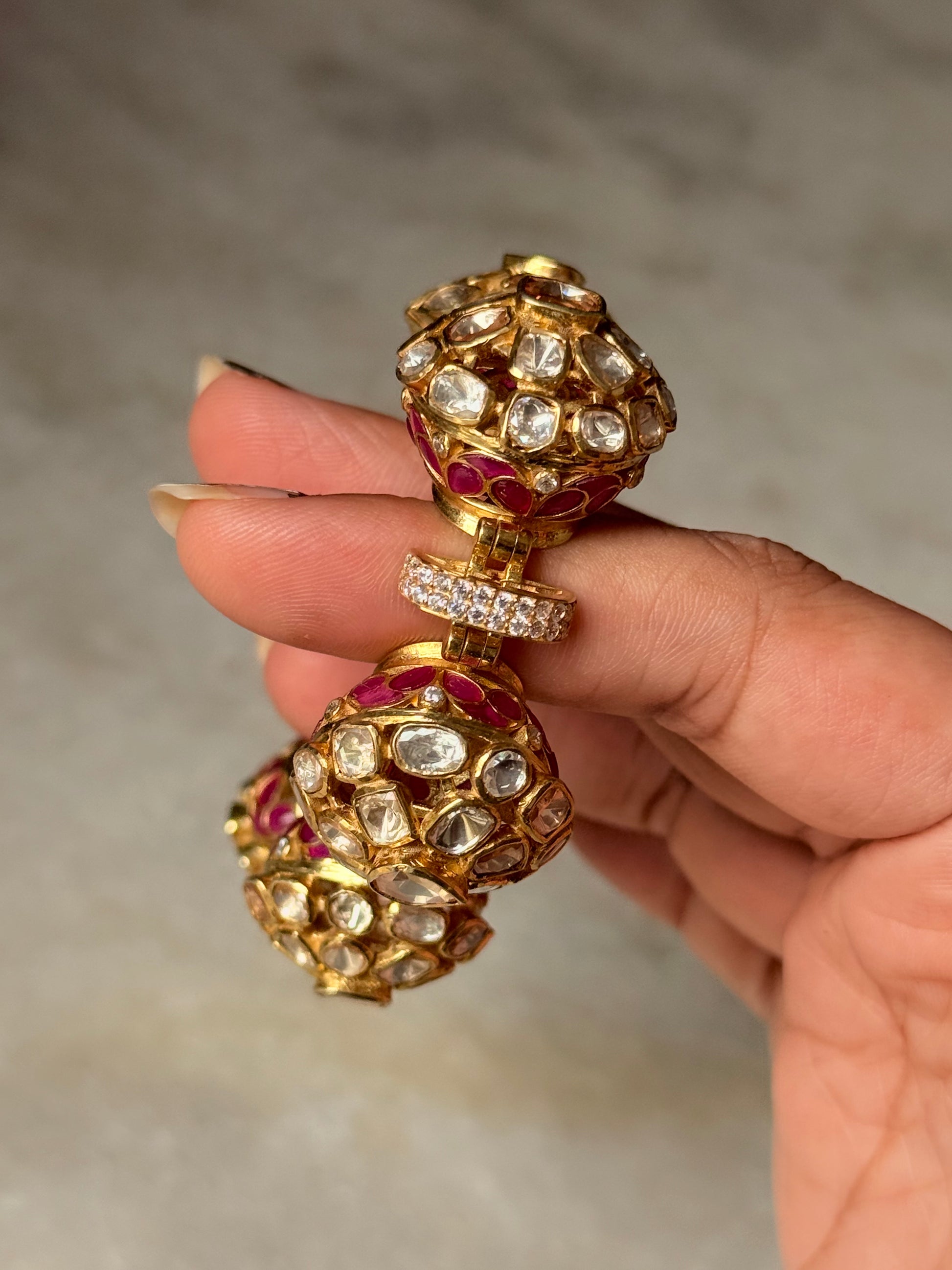 Vintage Inspired 925 Sterling Silver Gold Plated Moissanite Polki Pink Kundan Bracelet