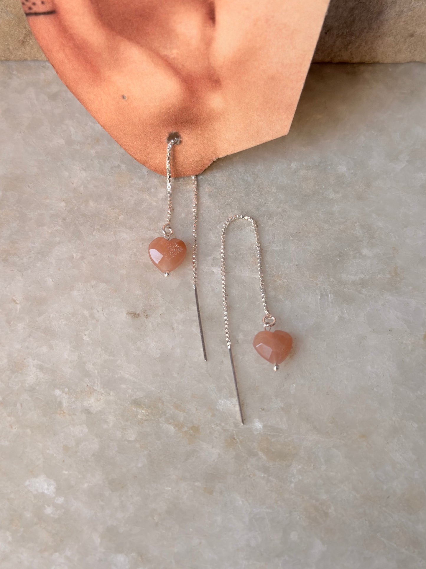 925 Sterling Silver Peach Moonstone Heart Threader/Sui Dhaga Earrings