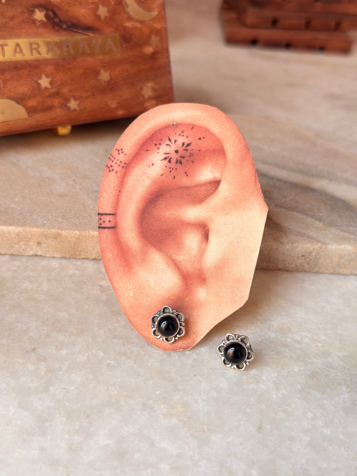 925 Sterling Silver Black Onyx Big Flower Studs Earrings