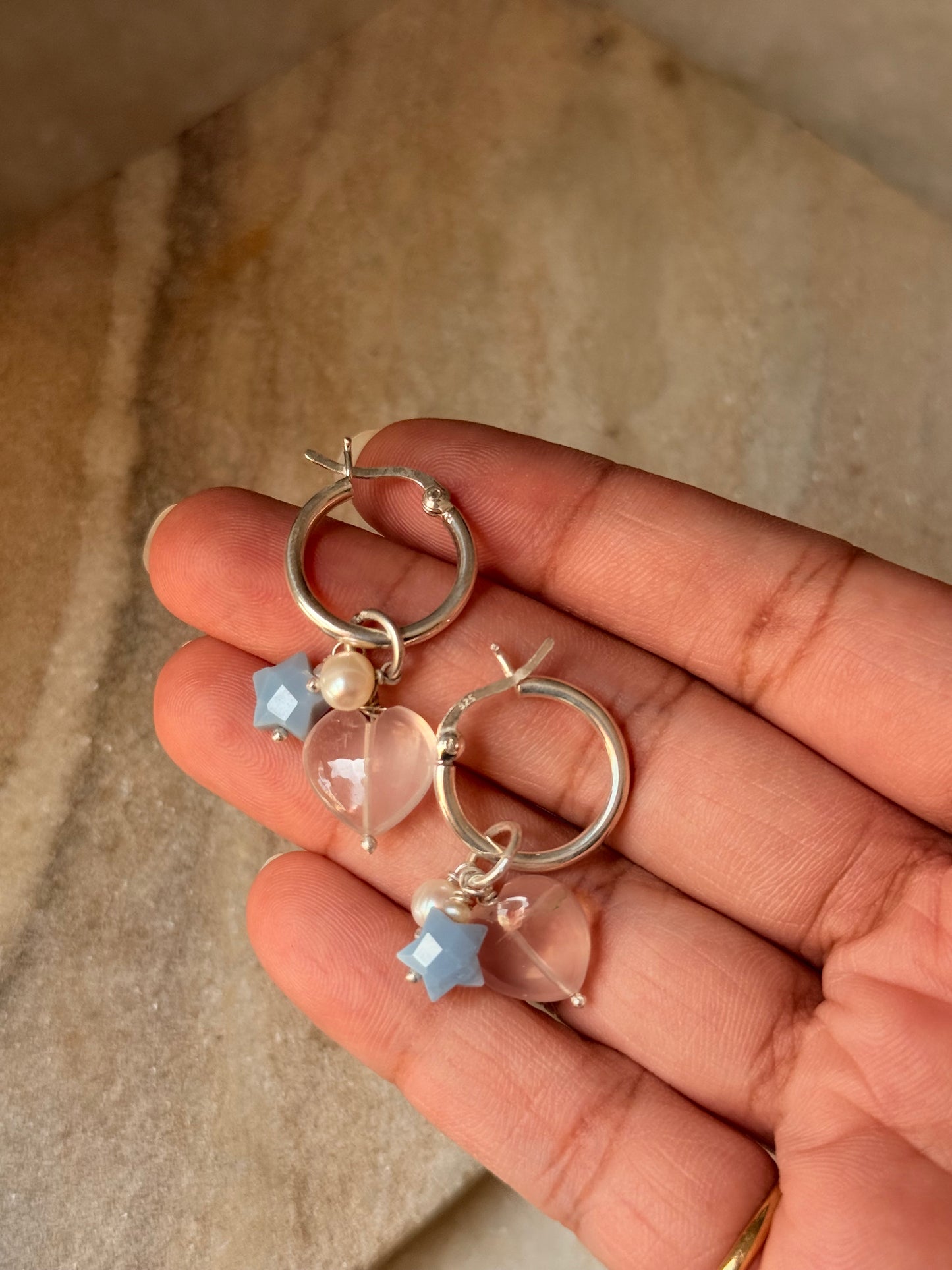 925 Sterling Silver Rose Quartz Heart, Opal Star and Fresh Water Pearl Handcrafted Hoops