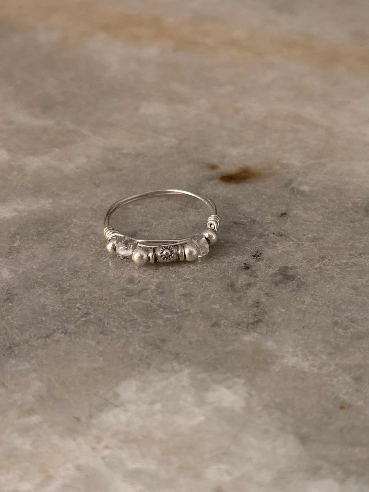 925 Sterling Silver Clear Quartz Sun Engraved Silver Bead Wire Wrapped Handcrafted Ring