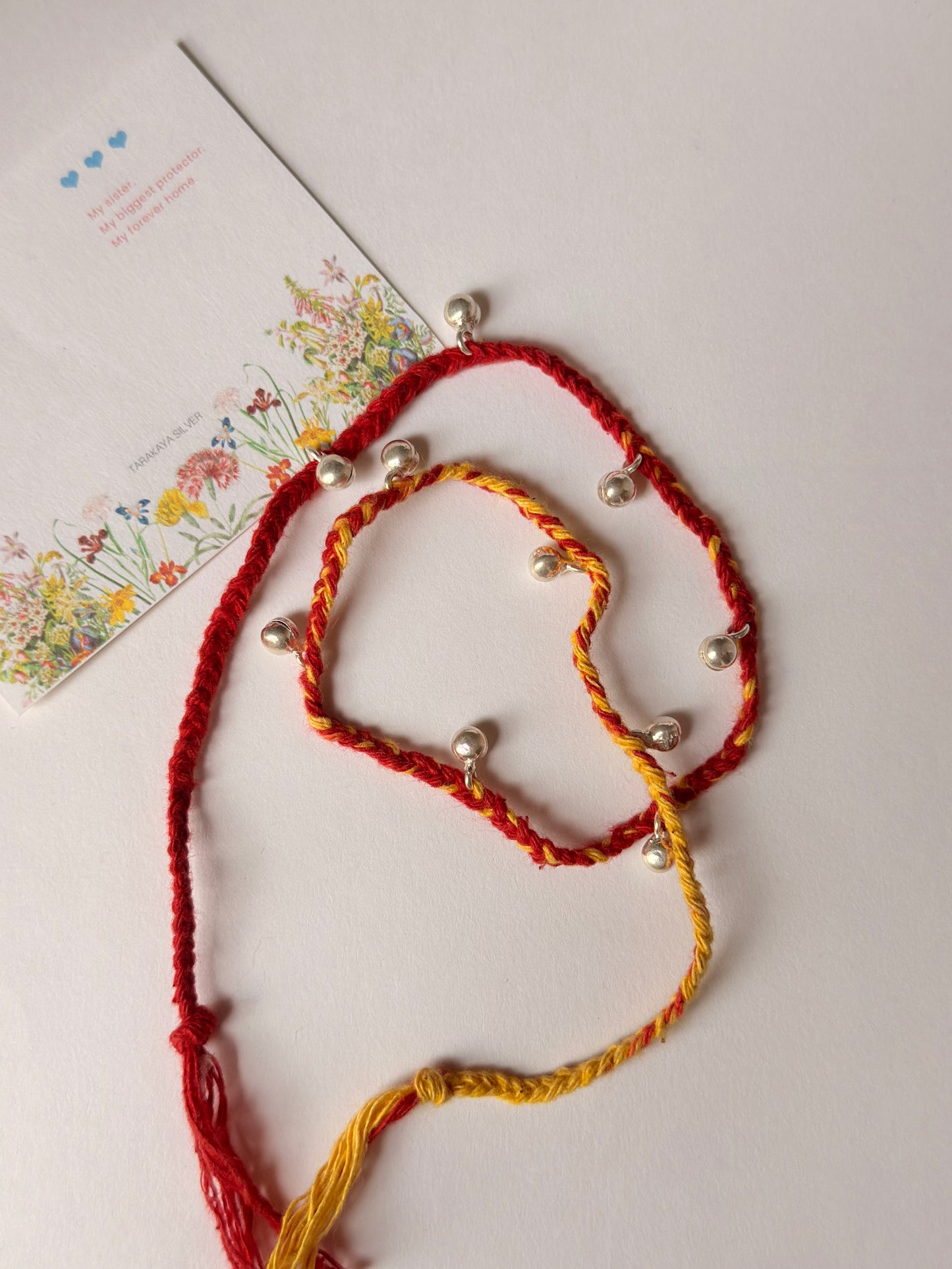 925 Sterling Silver Ghungroo Wrap Traditional Cotton Yellow Thread Handcrafted • Hand-braided Rakhi