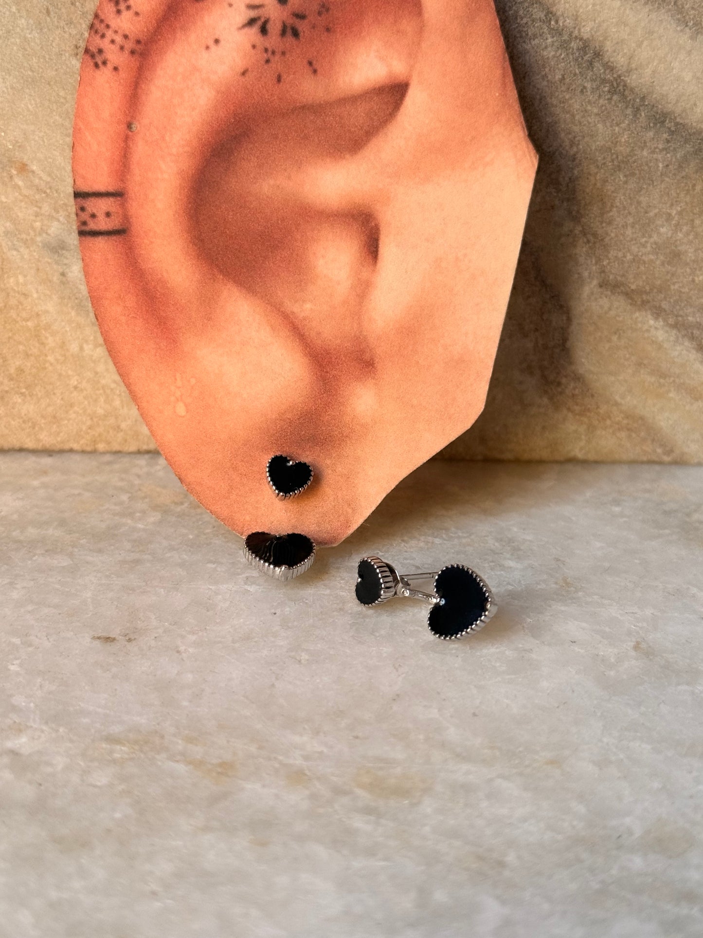 925 Sterling Silver Black Heart Enamel Studs