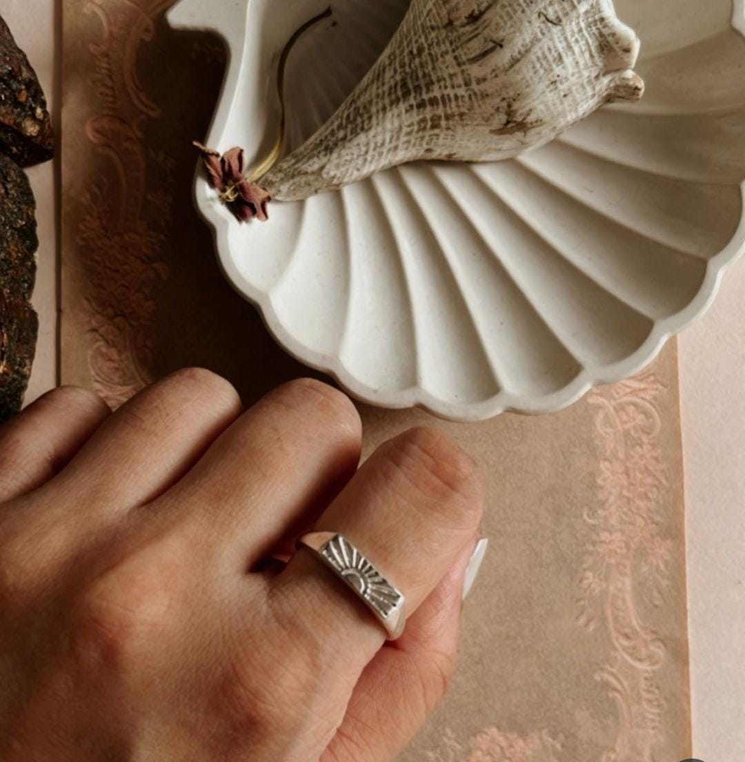 Unique sun engraved signet ring in sterling silver