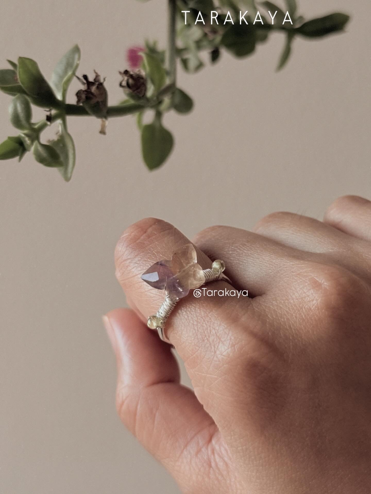 925 Sterling Silver Ametrine Butterfly, Peridot Wire Wrapped Handcrafted Ring