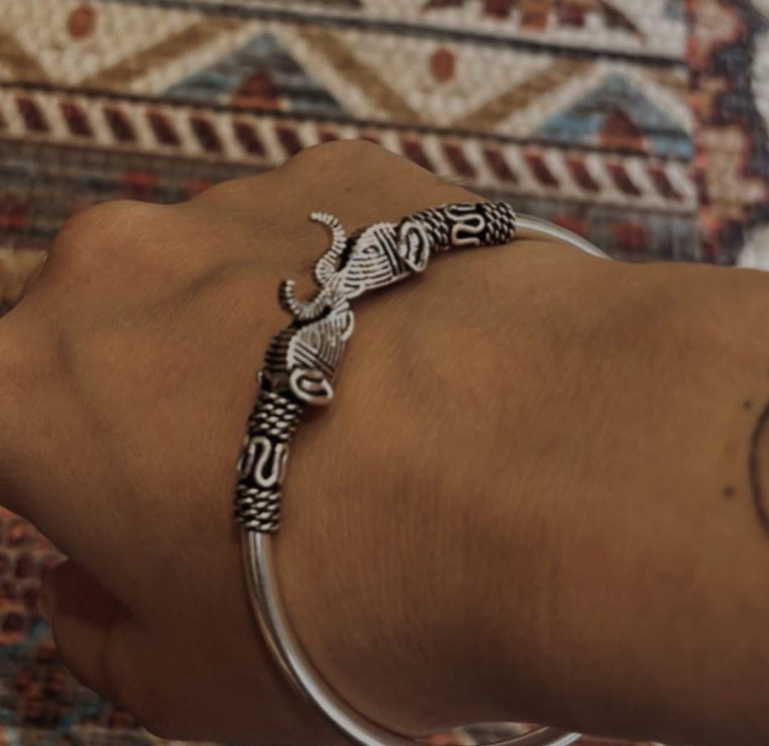 Silver Kada with Antique Haathi Symbol and Adjustable Fit