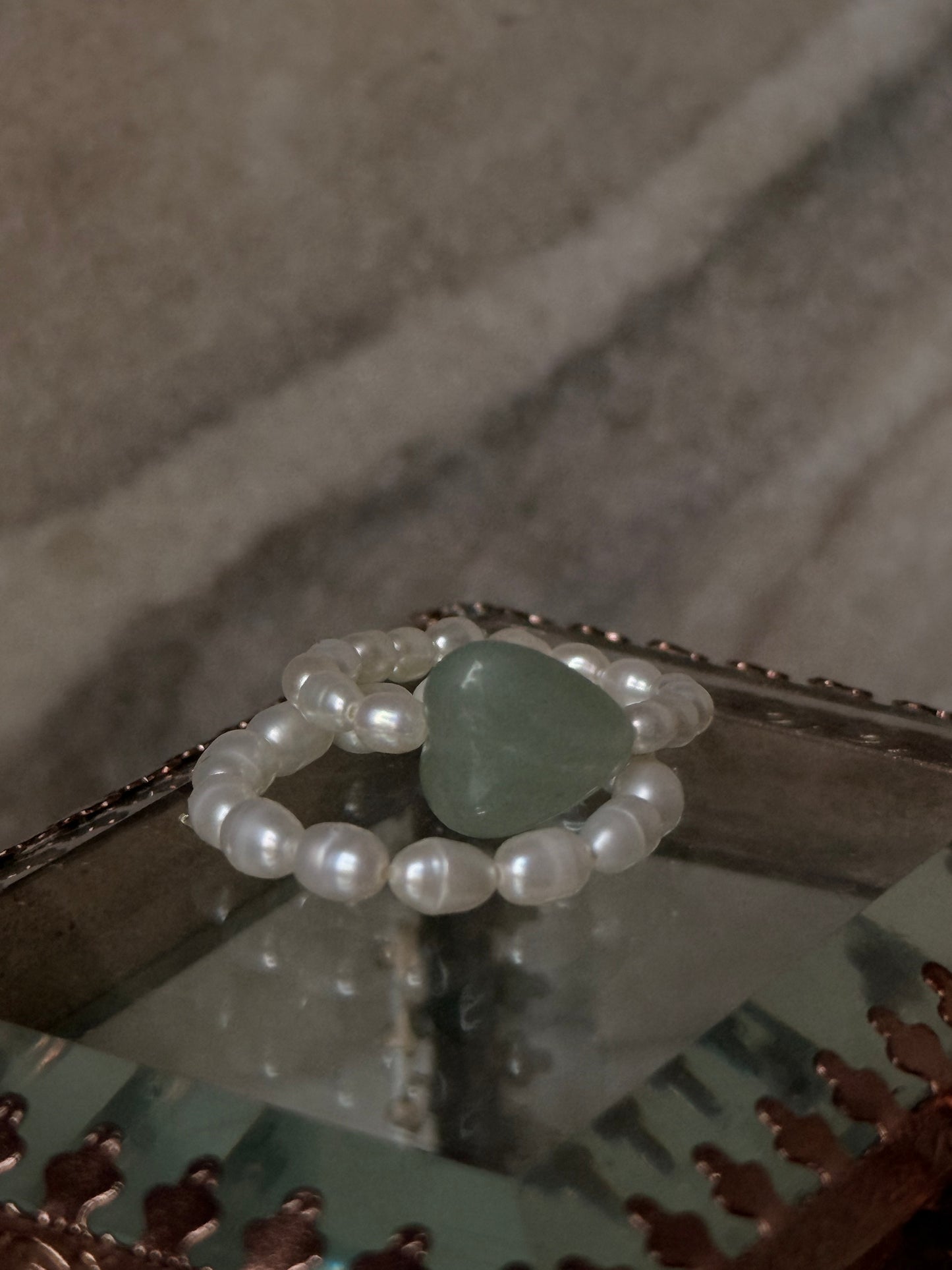 Natural Crystal Stretchy Fresh Water Pearl & Green Aventurine Heart Rings