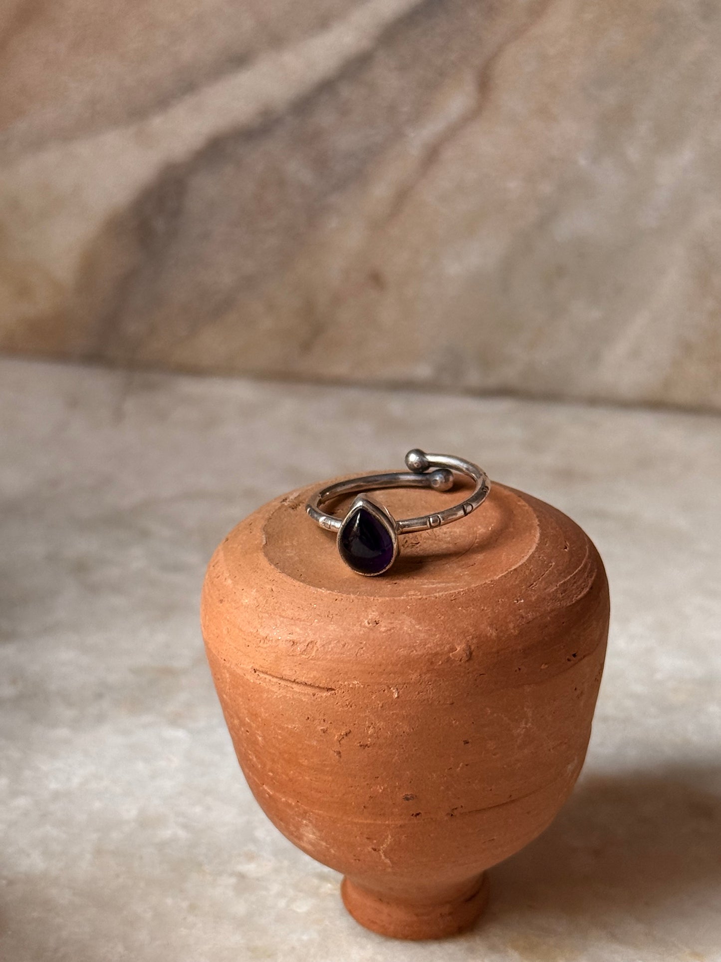 Amethyst Pear Tribal Engraved Adjustable 925 Sterling Silver Ring
