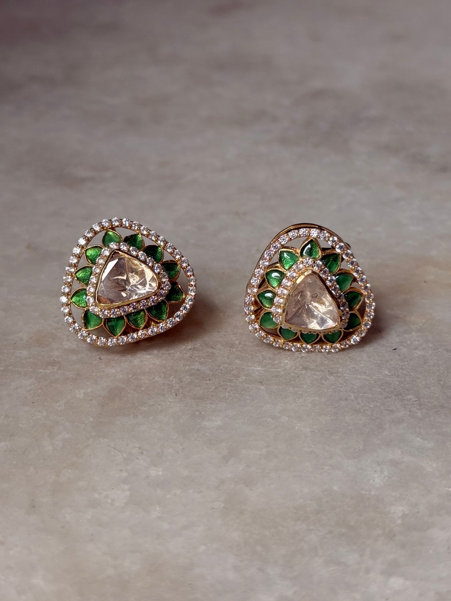 925 Sterling Silver Gold Plated Antique Moissanite Polki Green Kundan Triangle Studs Earrings