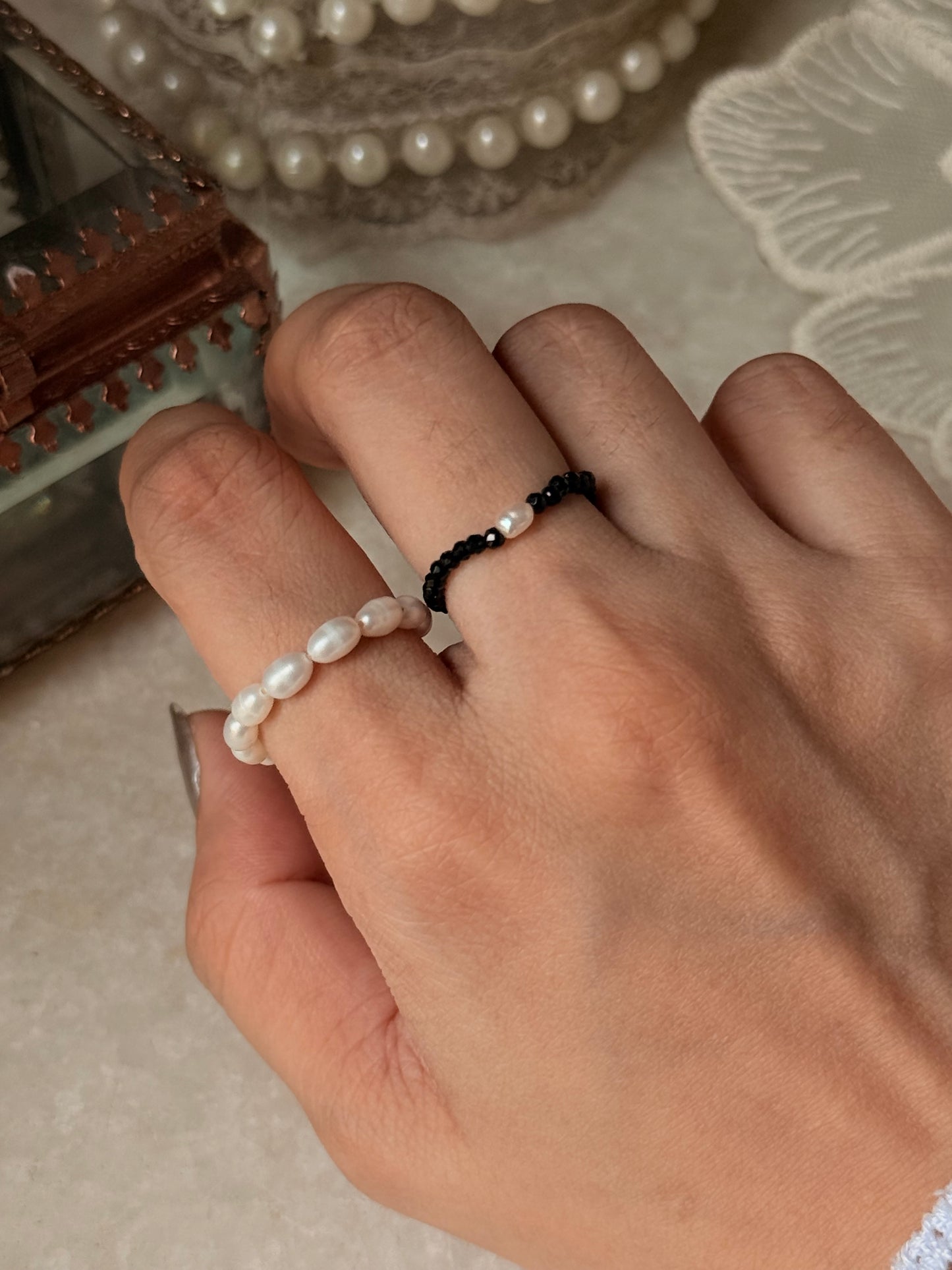 Natural Crystal Stretchy Fresh Water Pearl & Black Spinel Pearl Rings