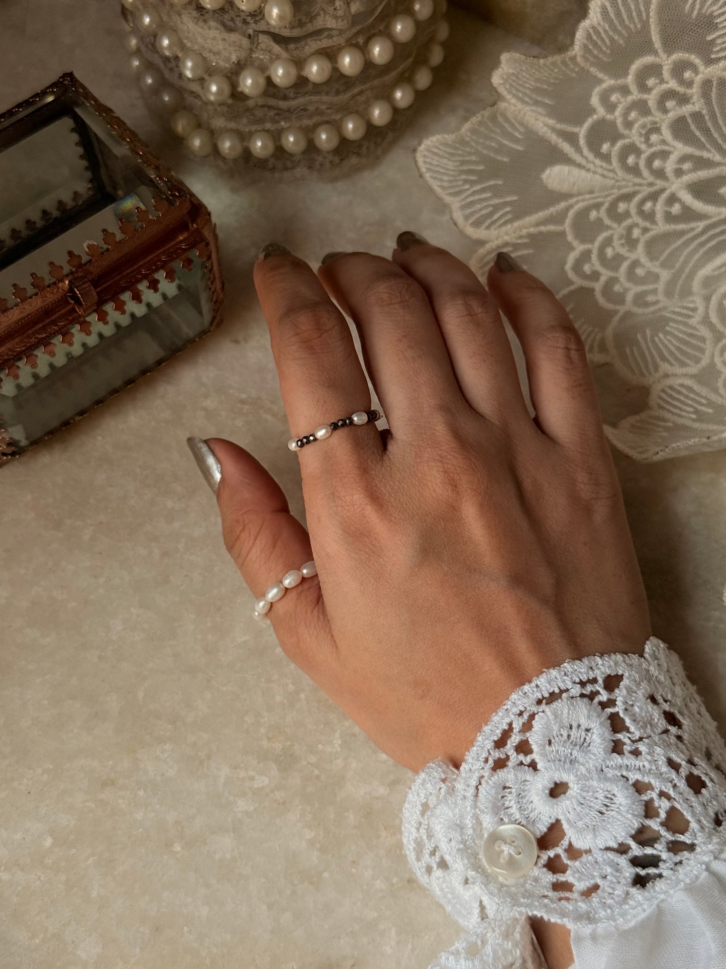 Natural Crystal Stretchy Fresh Water Pearl & Pyrite Pearl Rings