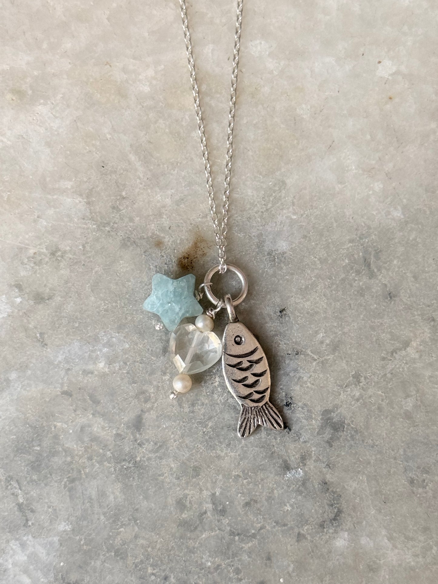 925 Sterling Silver Fish, Grey Moonstone Heart , Fresh Water Pearls and Aquamarine Star Necklace