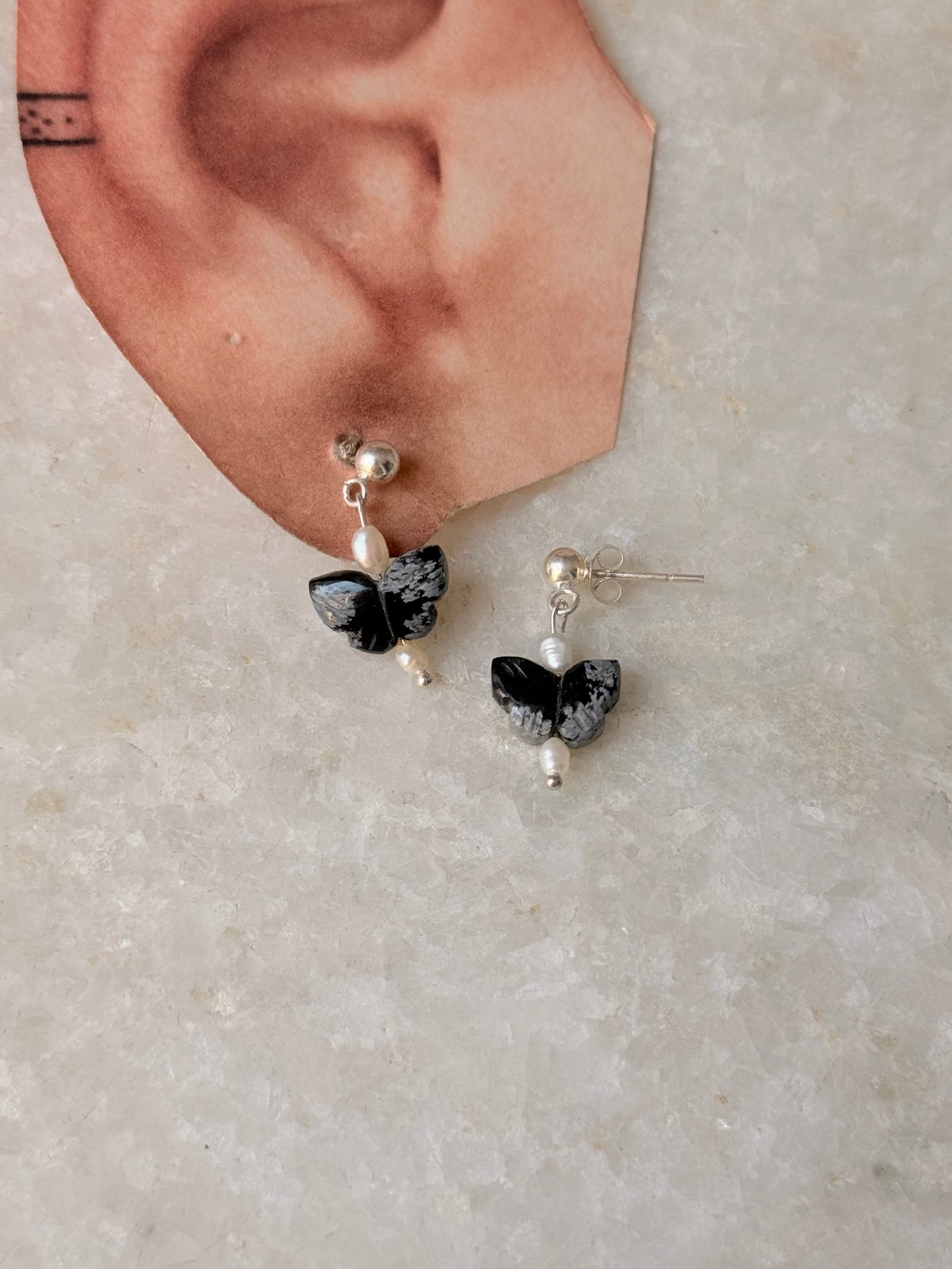 925 Sterling Silver Black Jasper Pearl Butterfly Crystal Studs Earring