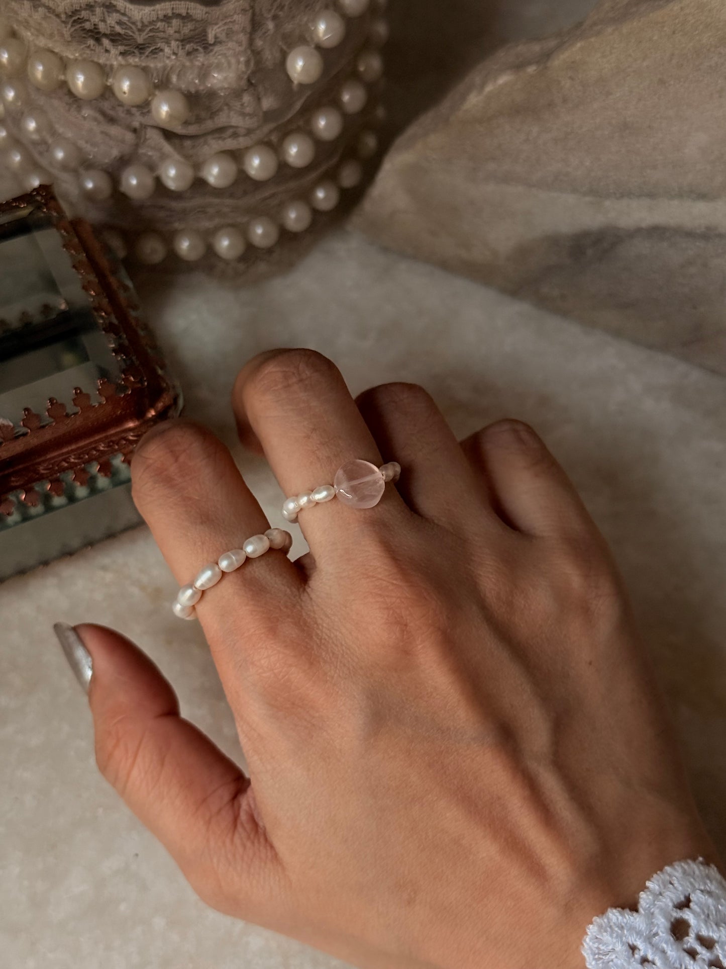Natural Crystal Stretchy Fresh Water Pearls & Rose Quartz Round Rings