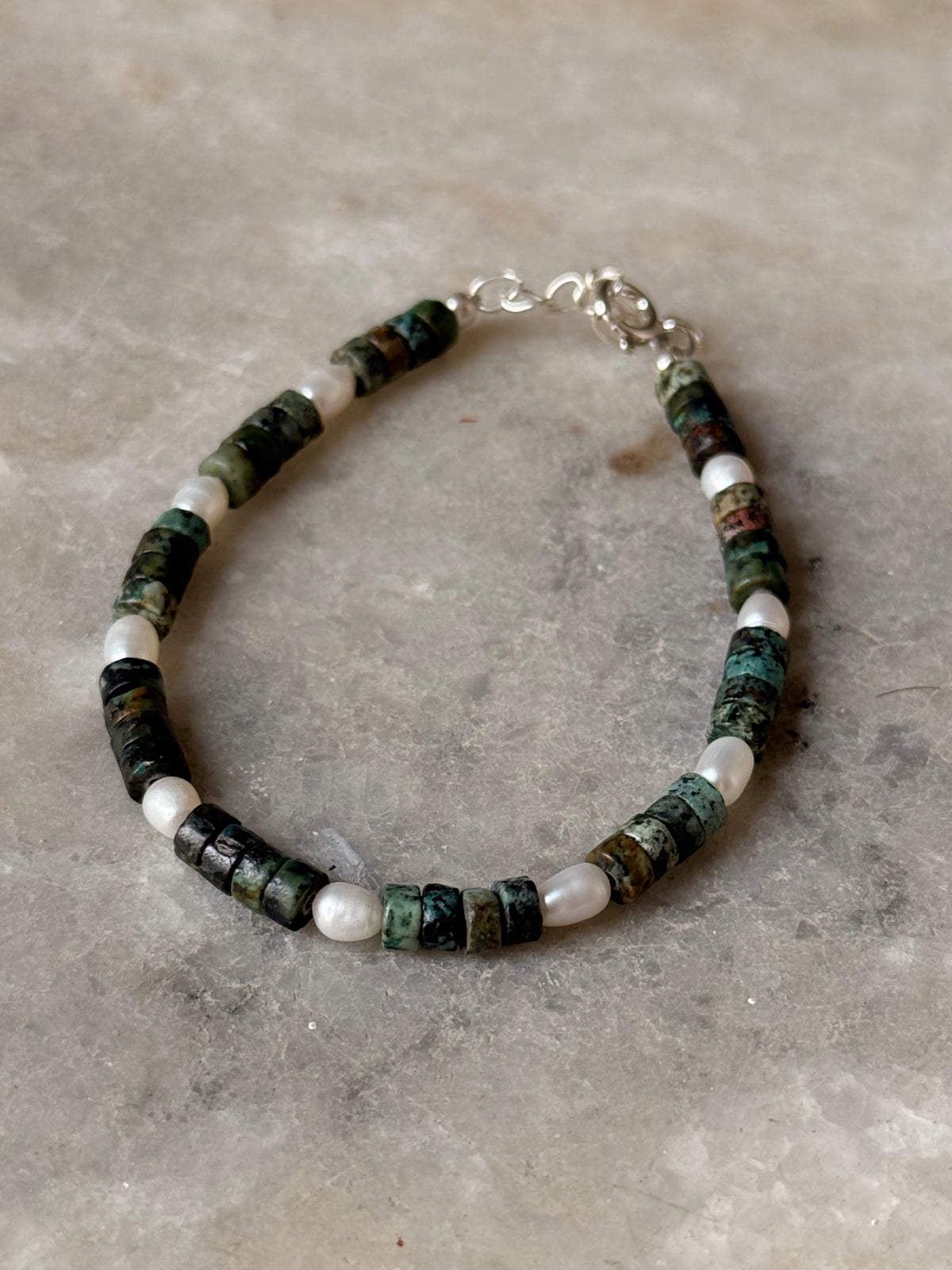 925 Sterling Silver African Turquoise Flat Fresh Water Pearls Bracelet