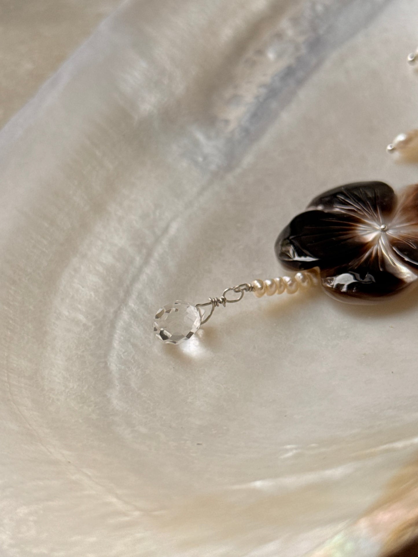 925 Sterling Silver Brown Mother Of Pearl Flower Carved , Fresh Water Pearls Charms & Clear Quartz Drop Handcrafted Dainty Necklace