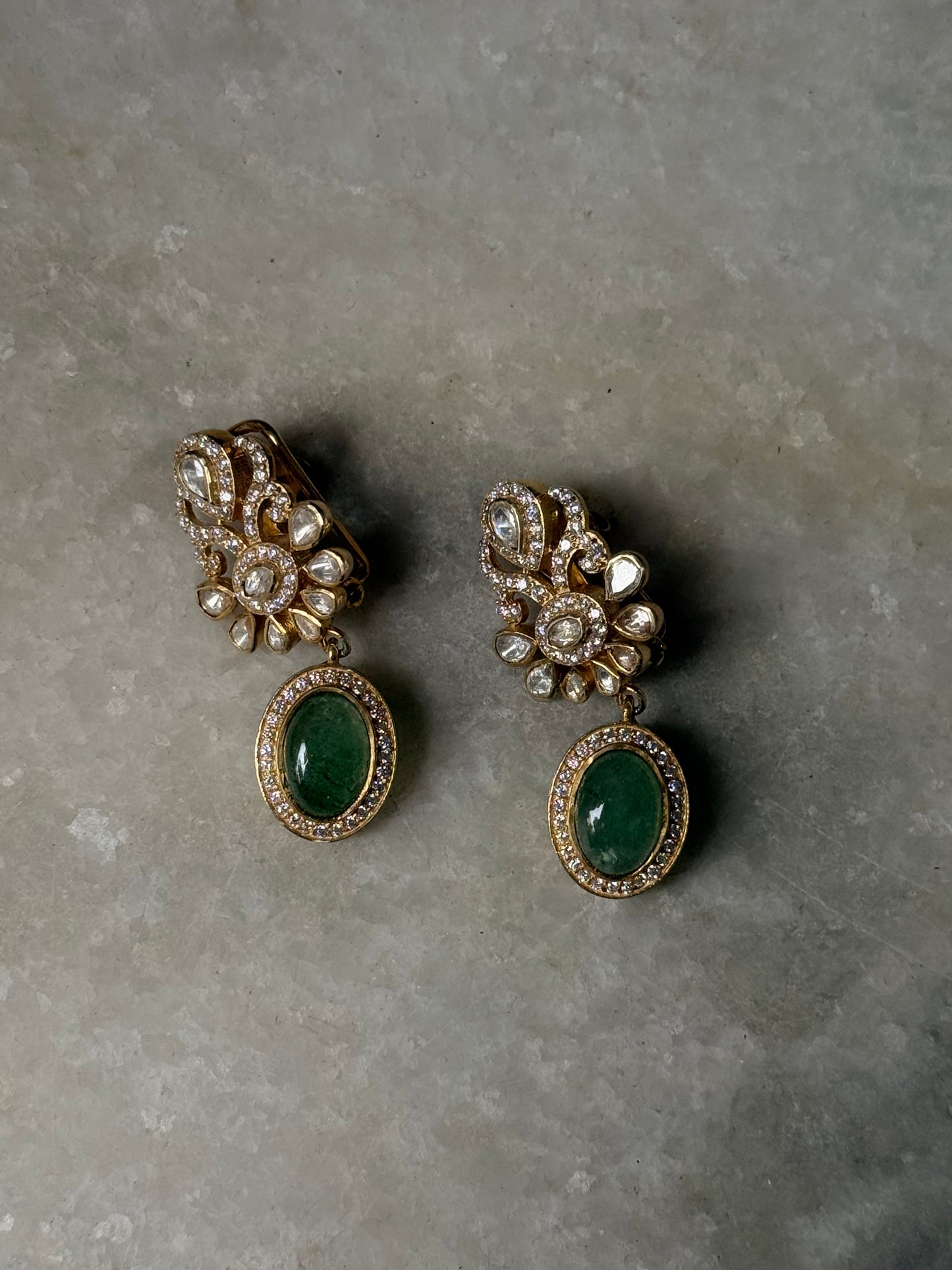 925 Sterling Silver Gold Plated Antique Moissanite Polki ,Green Onyx Oval Drop Earrings