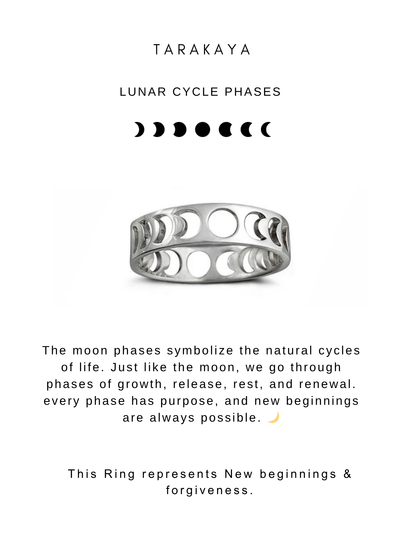 925 Sterling Silver Moon Phases Celestial Unisex Band Ring showcasing lunar cycle symbolism and natural life cycles.