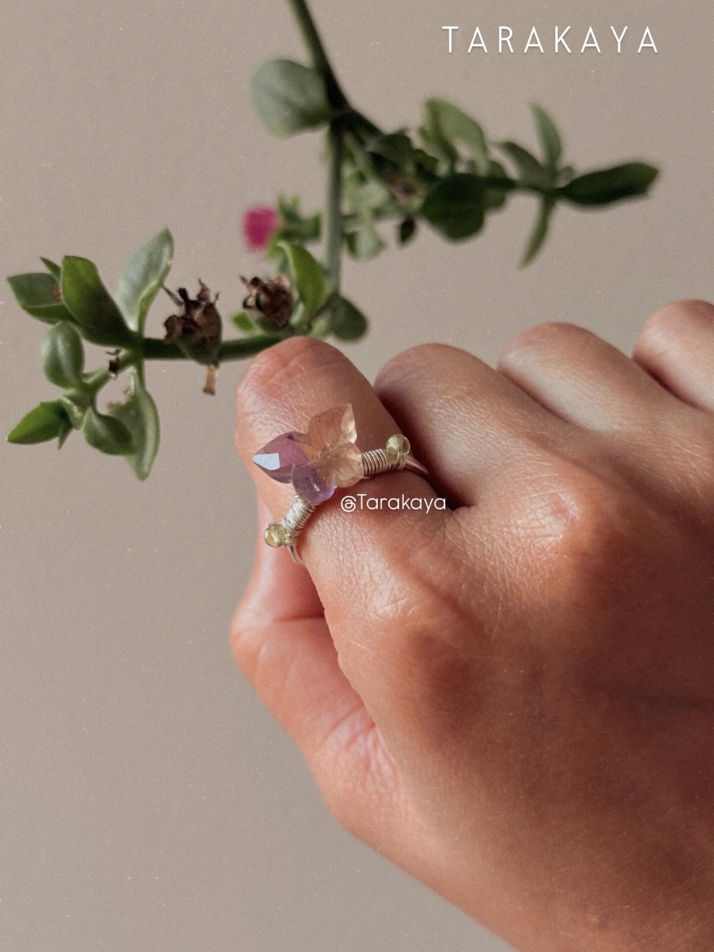 925 Sterling Silver Ametrine Butterfly, Peridot Wire Wrapped Handcrafted Ring