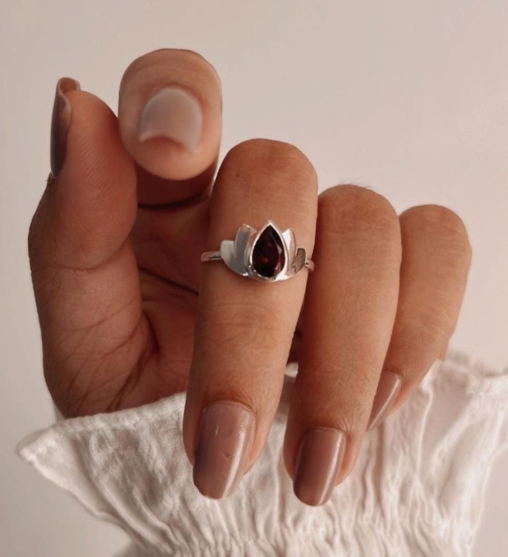 Divine lotus design silver ring with garnet gemstone