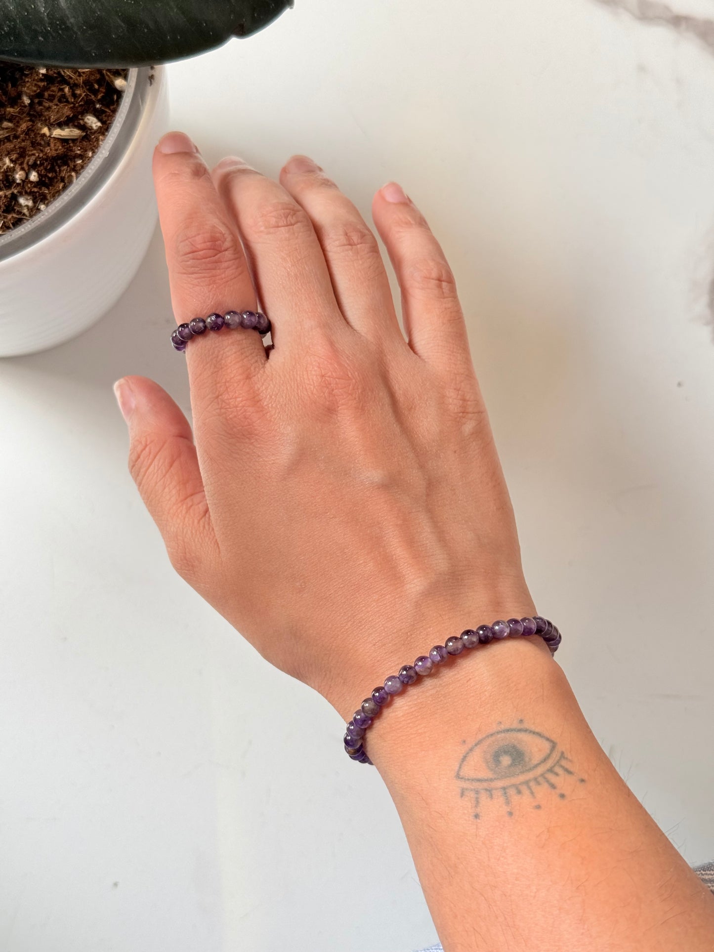 Natural Crystal Amethyst 4mm Stretchy Rings & Bracelet
