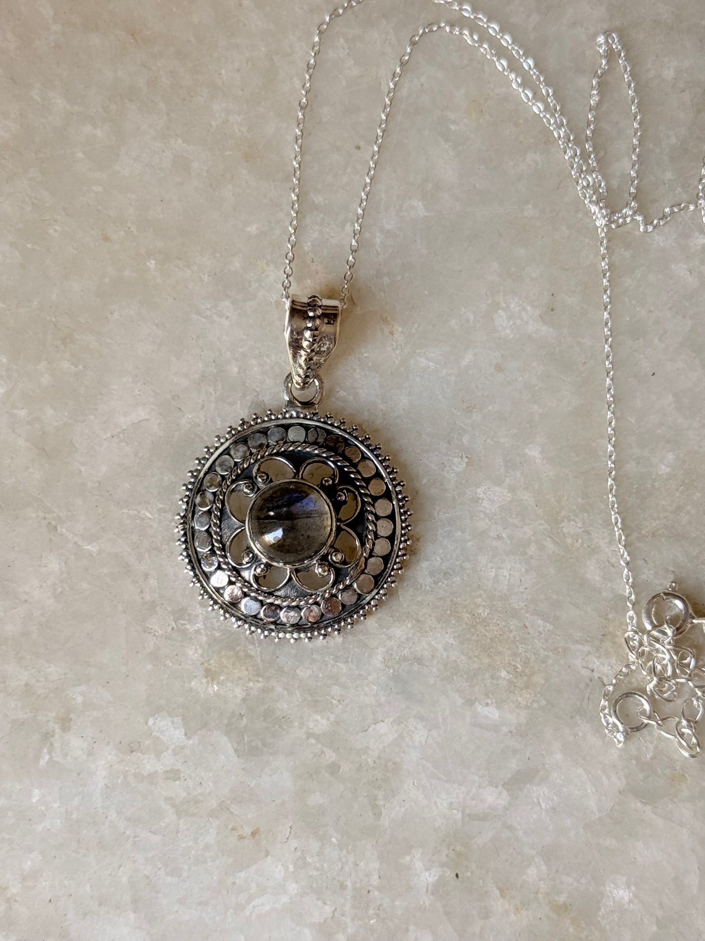 925 Sterling Silver Labradorite Mandala Boho Handcrafted Pendant