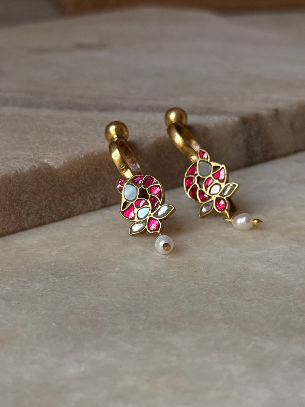 925 Sterling Silver Gold Plated Pink White Stone Kundan Polki & Fresh Water Pearls Charm Bugadi Ear Cuff