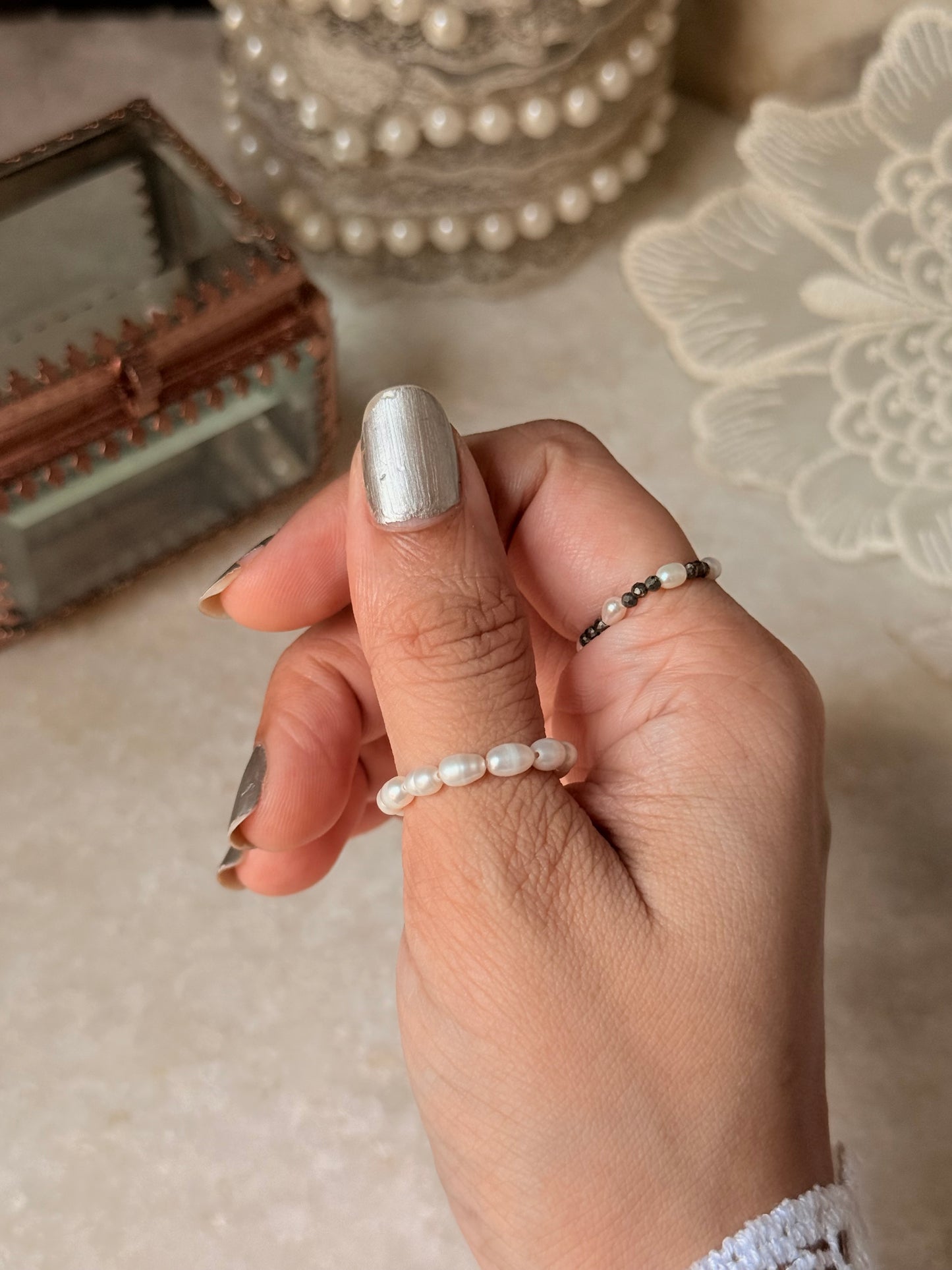 Natural Crystal Stretchy Fresh Water Pearl & Pyrite Pearl Rings