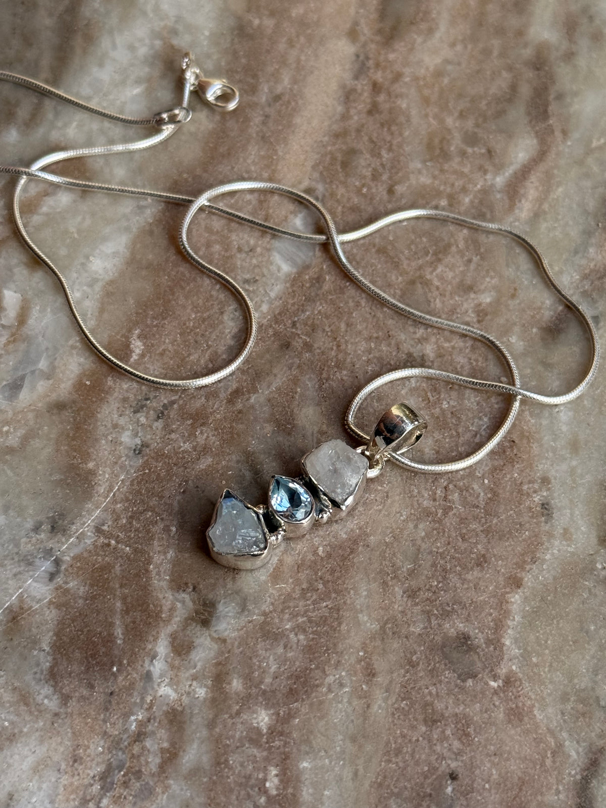 925 Sterling Silver Blue Topaz, Moonstone Raw Cluster Handcrafted One of a Kind Pendant