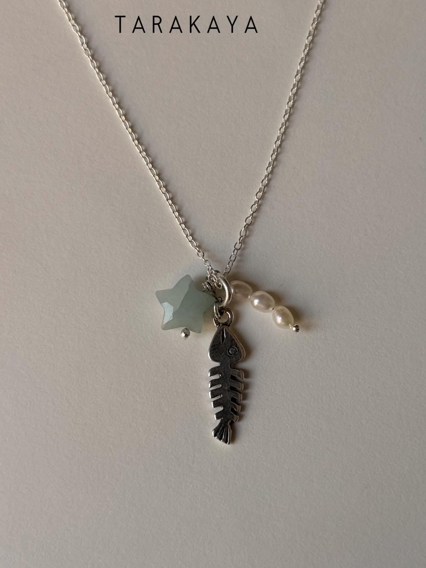 925 Sterling Silver Aquamarine Star, Fresh Water Pearls & Fish Bone Charm Handcrafted Necklace
