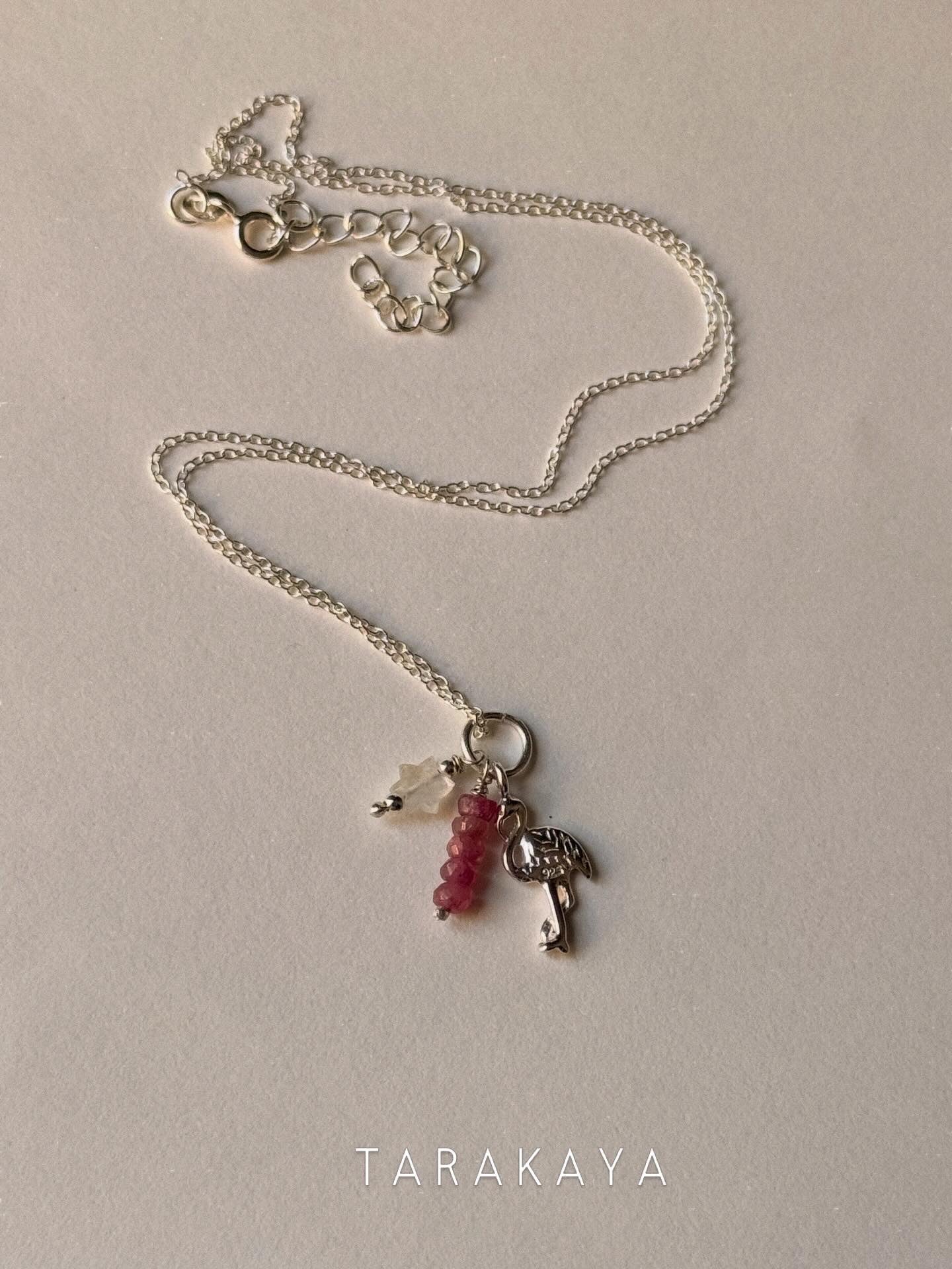 925 Sterling Silver Pink Tourmaline, Moonstone Star & Flamingo Charm Handcrafted Necklace
