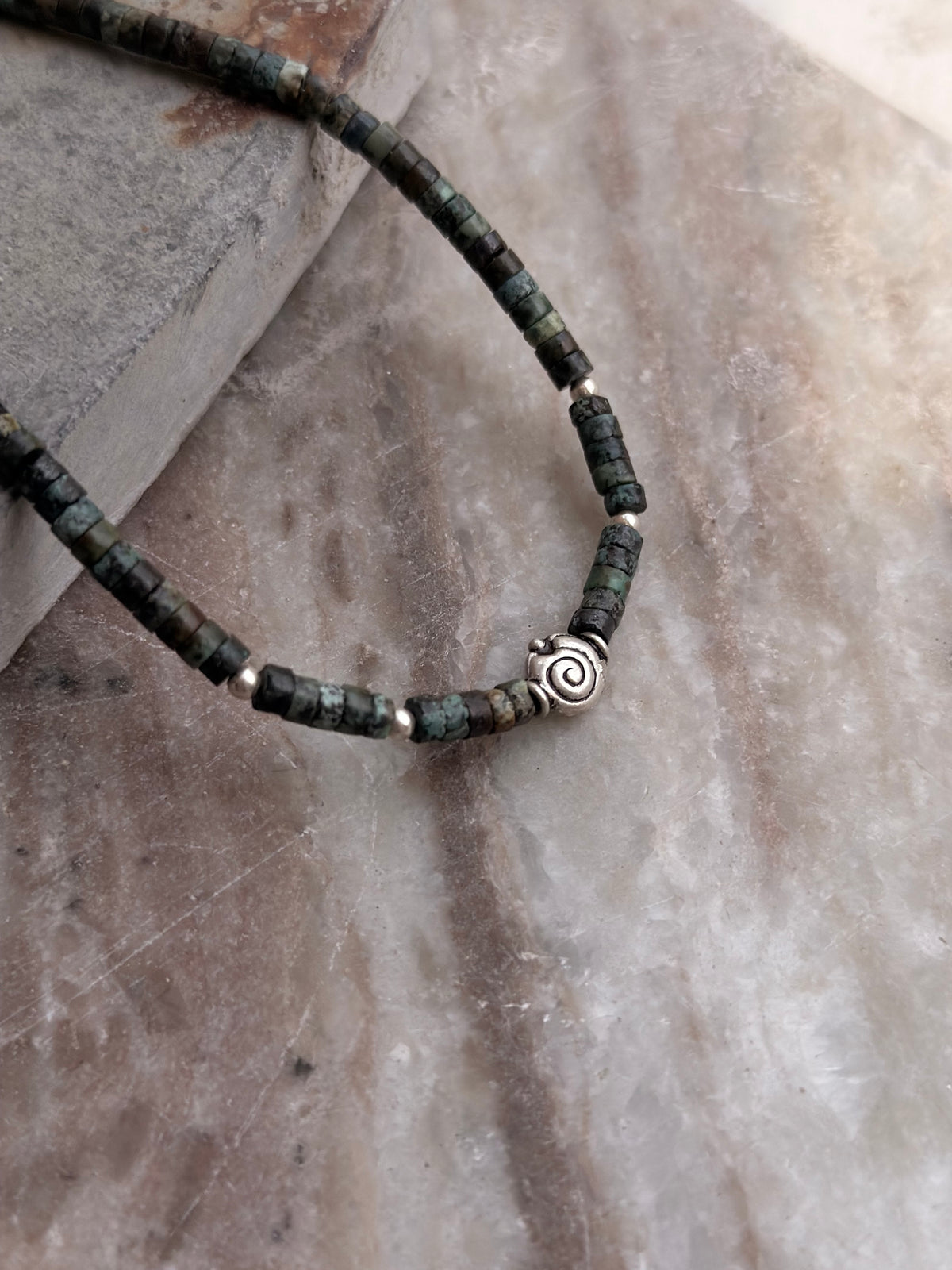 925 Sterling Silver African Turquoise Flat Tube Crystal Spiral Charm With Silver Balls Necklace
